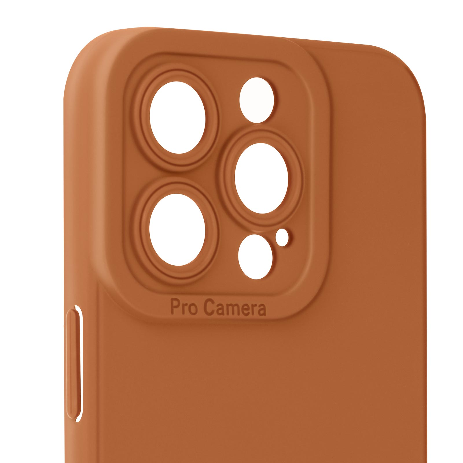 Custodia arancione per telefono con ritagli per fotocamera. Contiene il testo Pro Camera.