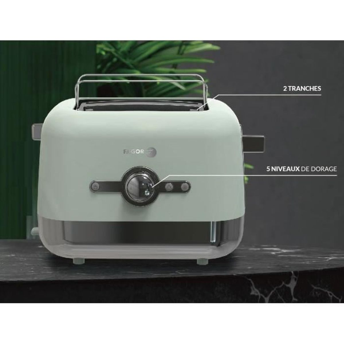 Ein weißer und grauer Toaster mit Anmerkungen zu seinen Funktionen, einschließlich zwei Scheiben.