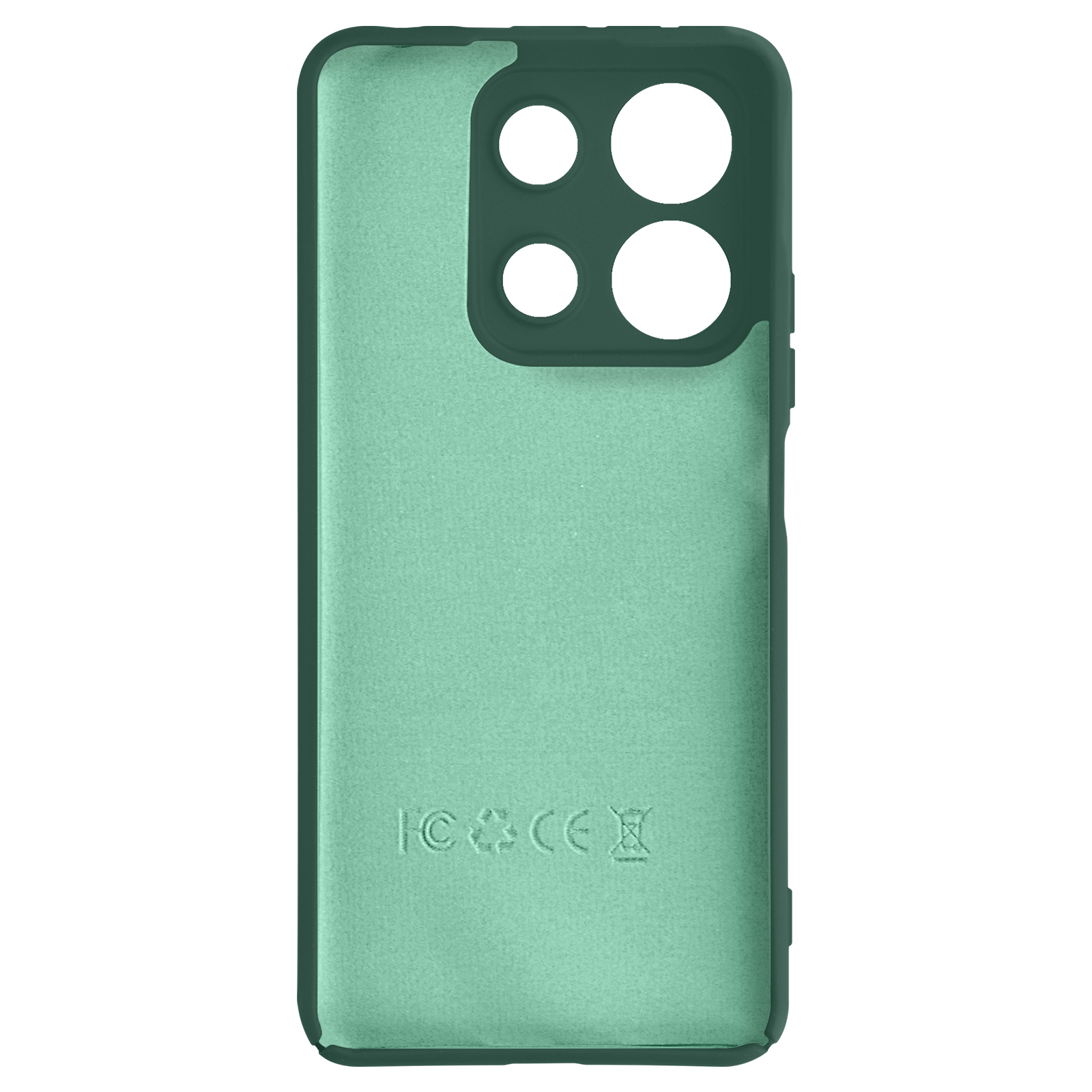 Retro di una custodia per telefono verde. Quattro fori per la fotocamera. Interno verde chiaro. Sono visibili i marchi FCC e CE.