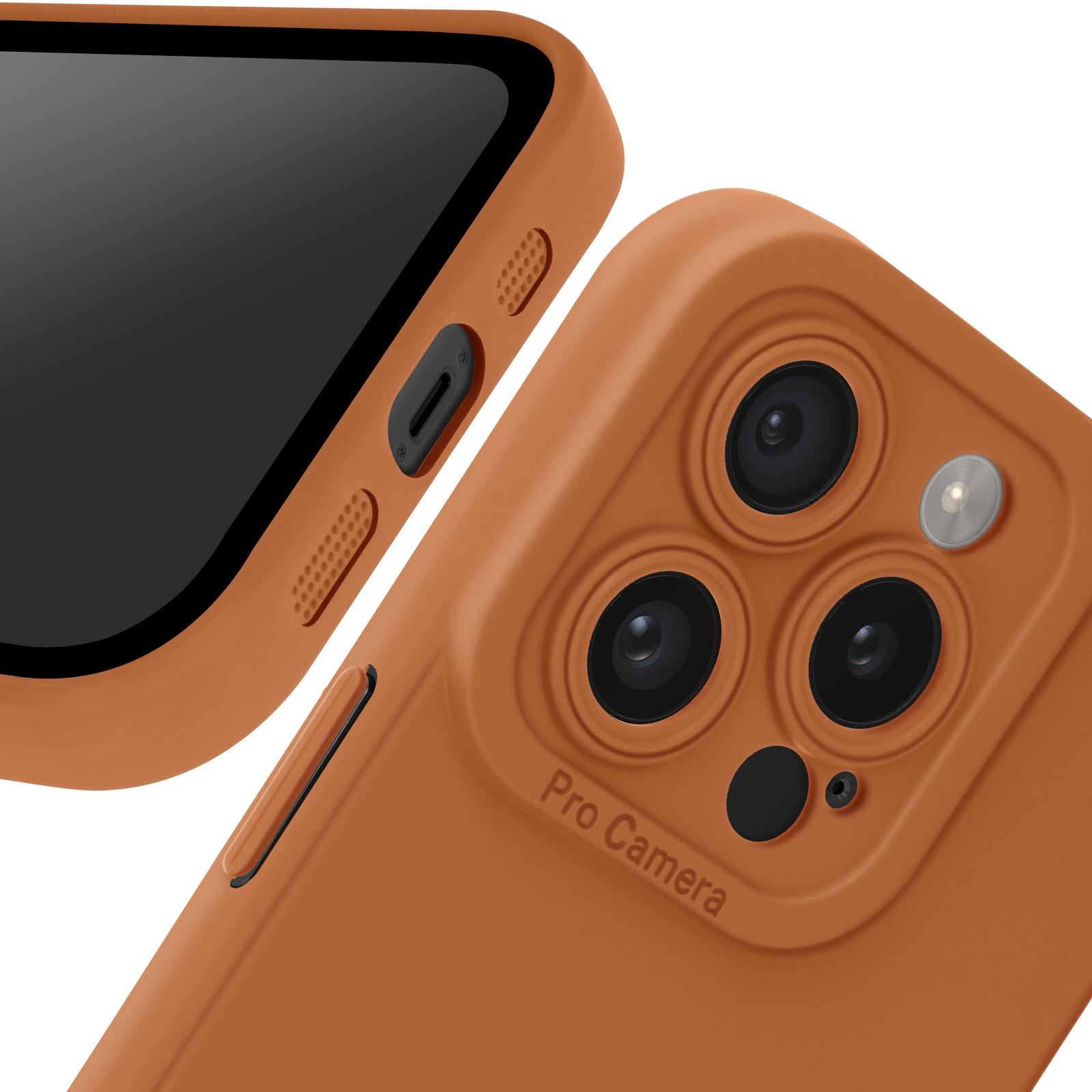 Primo piano di una custodia arancione con tre obiettivi e la scritta "Pro Camera".