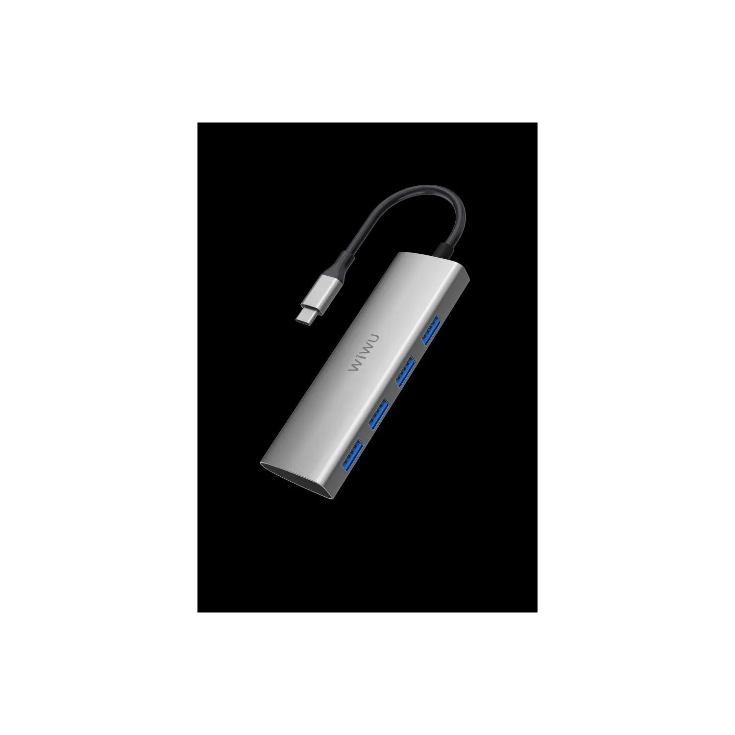 Silberner USB-C-Hub mit mehreren USB-Anschlüssen und einem schwarzen Kabel.