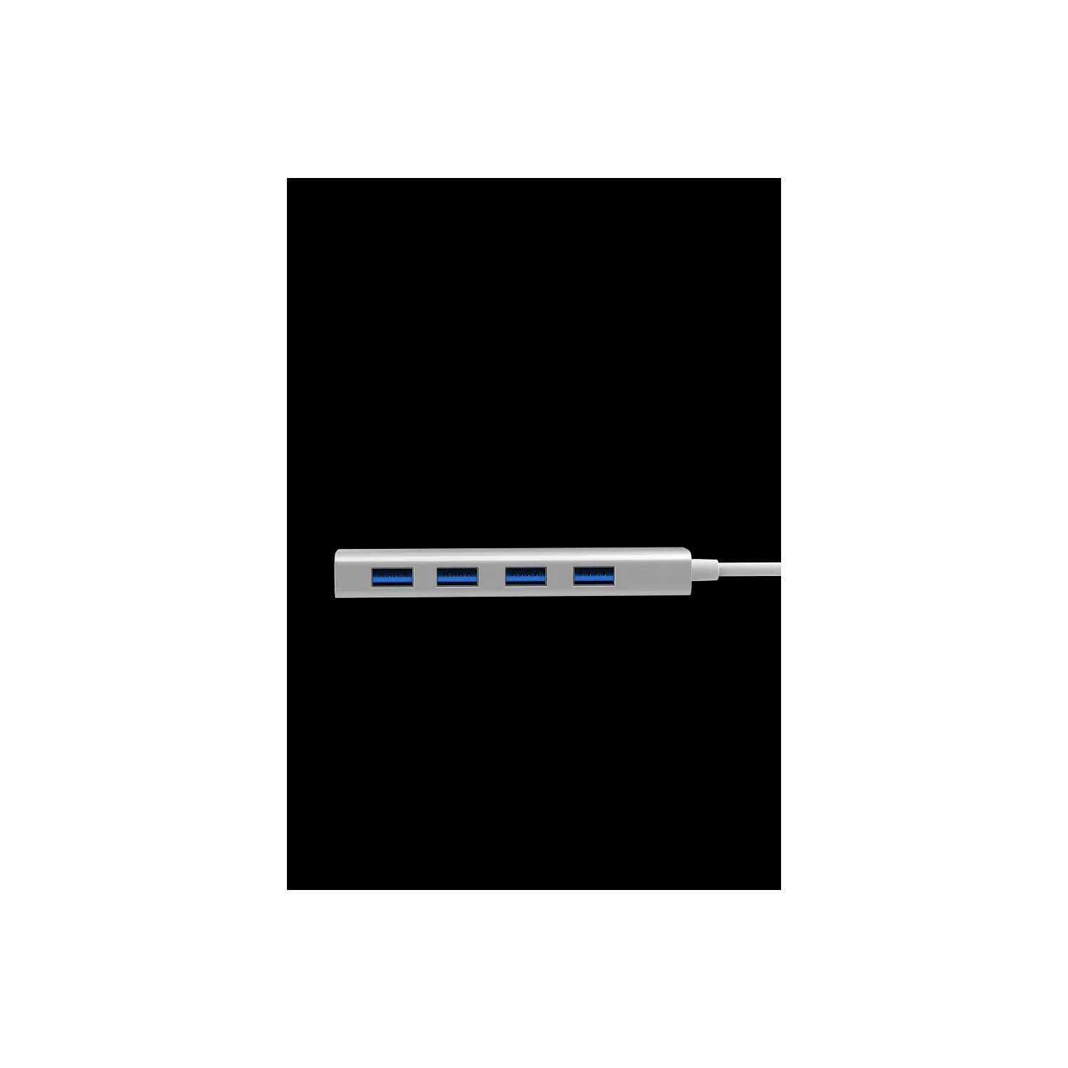 Ein weißer USB-Hub mit vier USB-Anschlüssen. Er ist vor schwarzem Hintergrund.