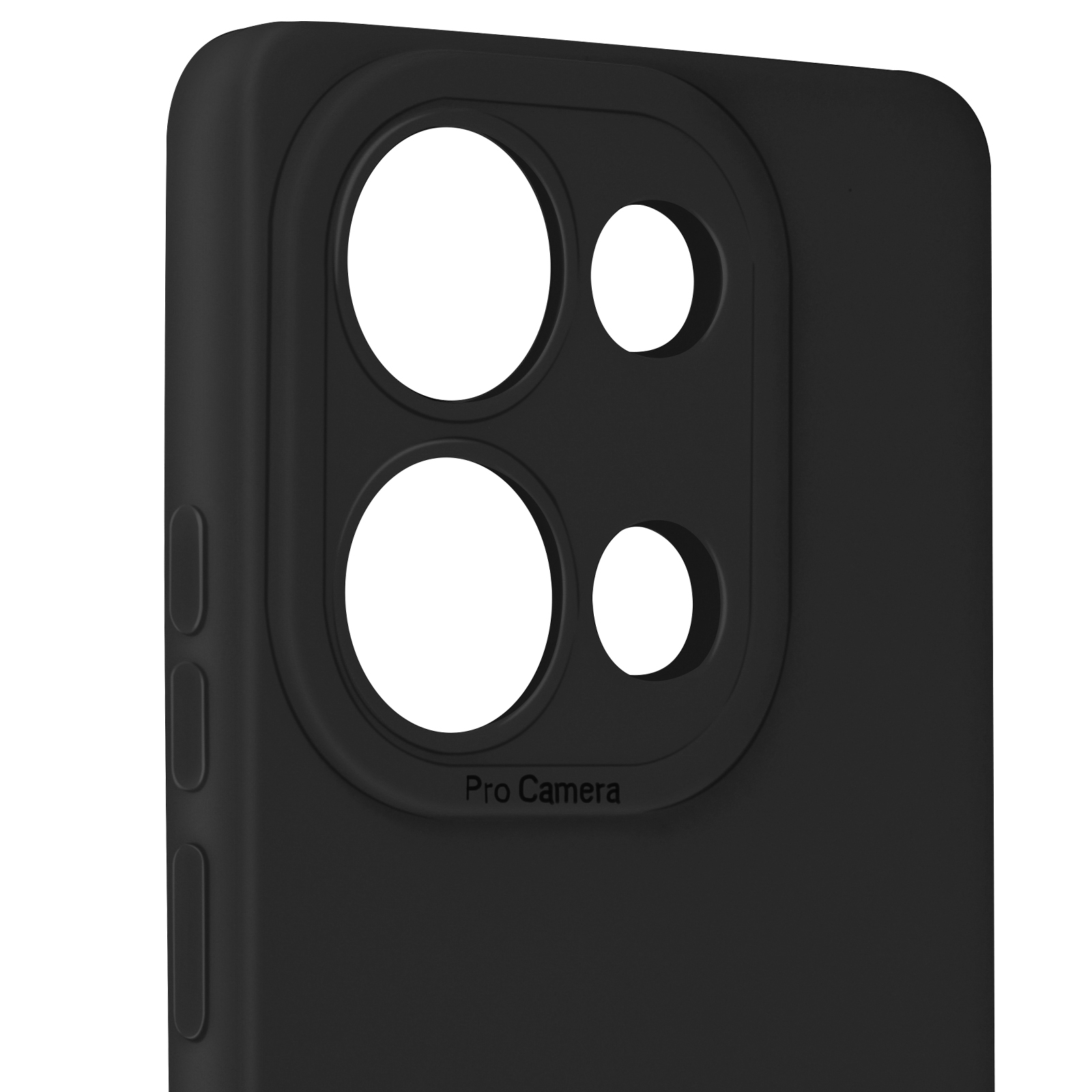 Primo piano di custodia nera per telefono con tre fori per la fotocamera. Testo: 'Pro Camera'.