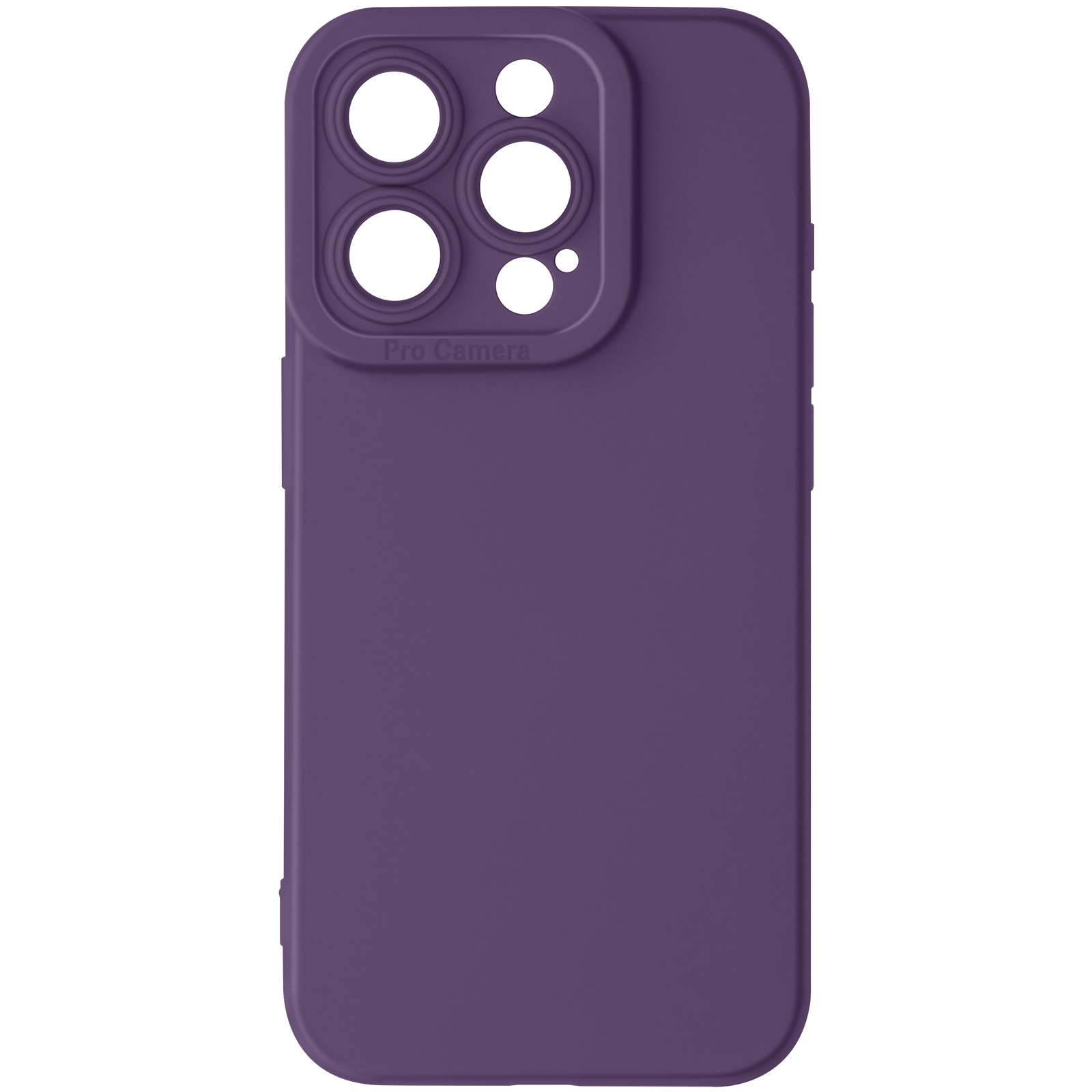 Custodia per telefono viola, sporgenza della fotocamera. Tinta unita, superficie liscia. Sfondo bianco.
