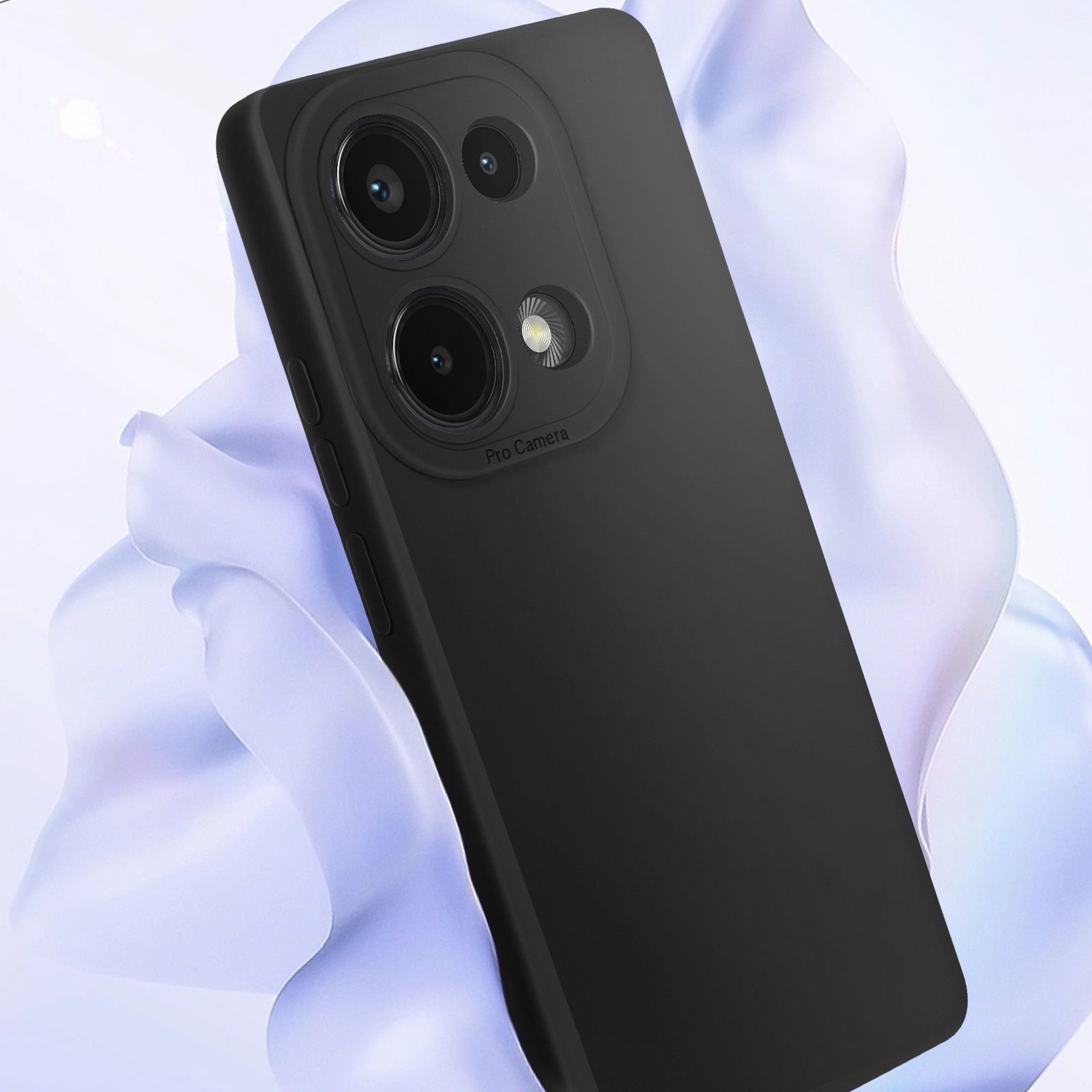 Una custodia per telefono nera con un ritaglio per la fotocamera. Il testo Pro Camera è stampato sulla custodia.