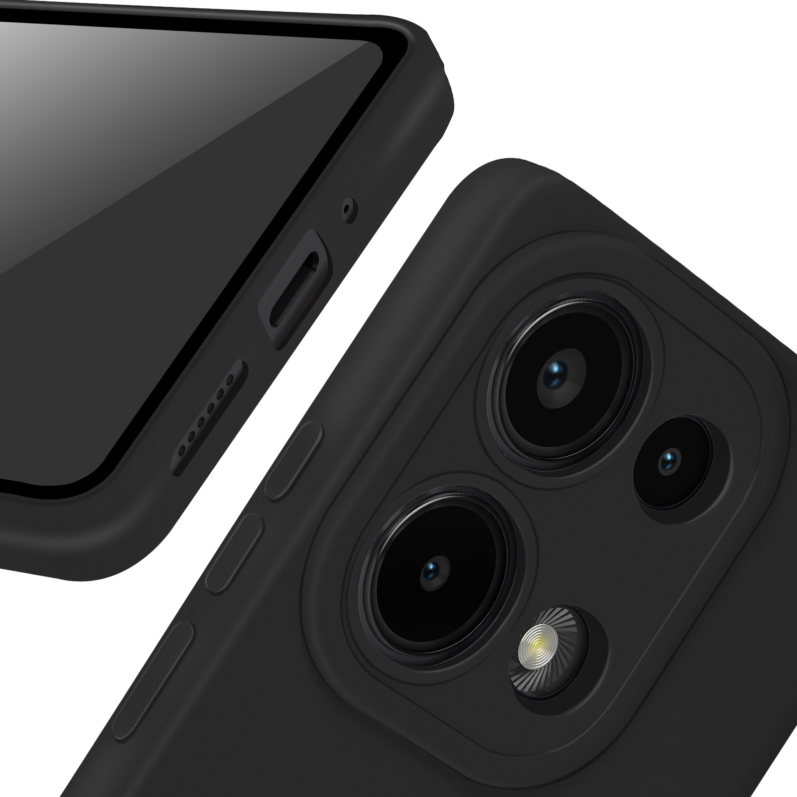 Primo piano di uno smartphone nero con fotocamere, che mostra i dettagli. Sfondo bianco.