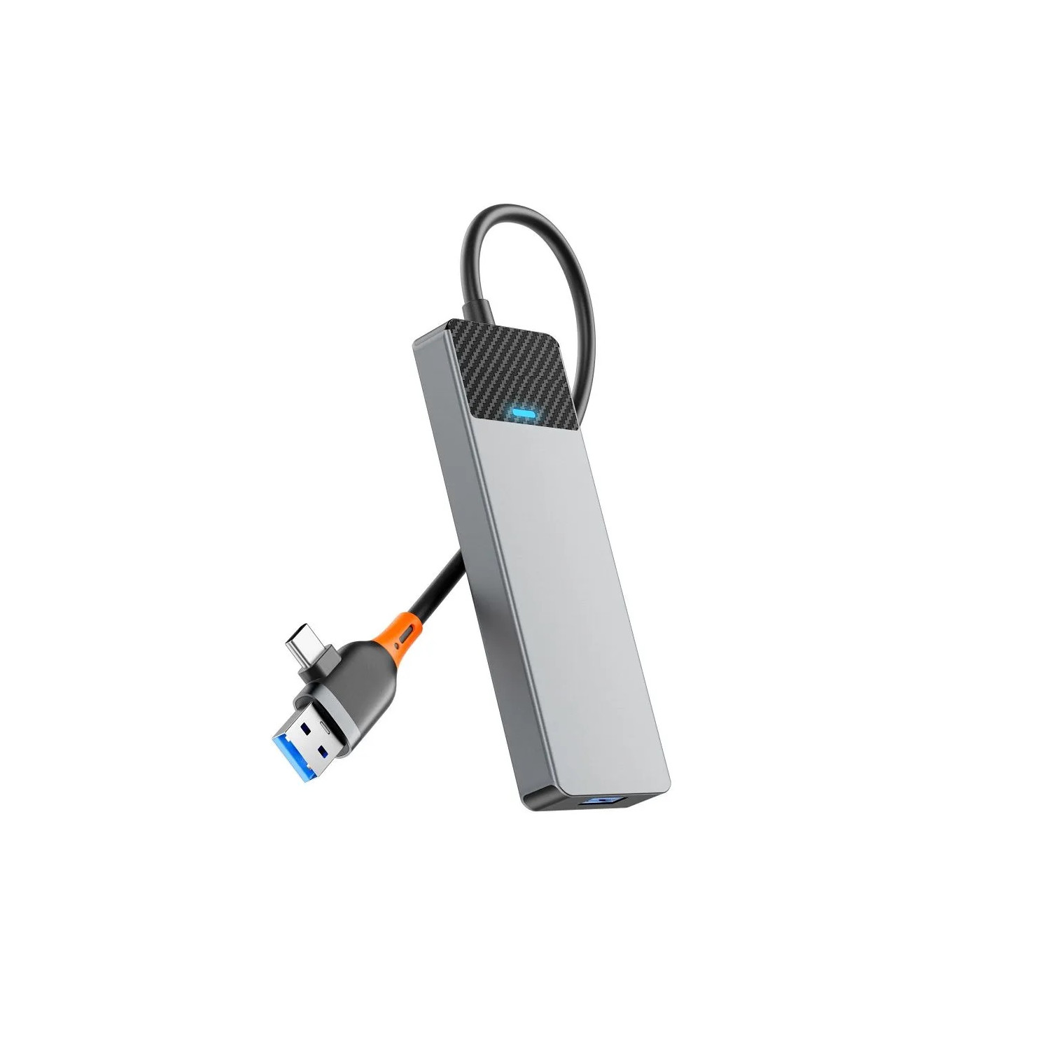 Silberner USB-C-Hub mit schwarzem Kabel. USB-A- und USB-C-Anschlüsse mit blauer Lichtanzeige.