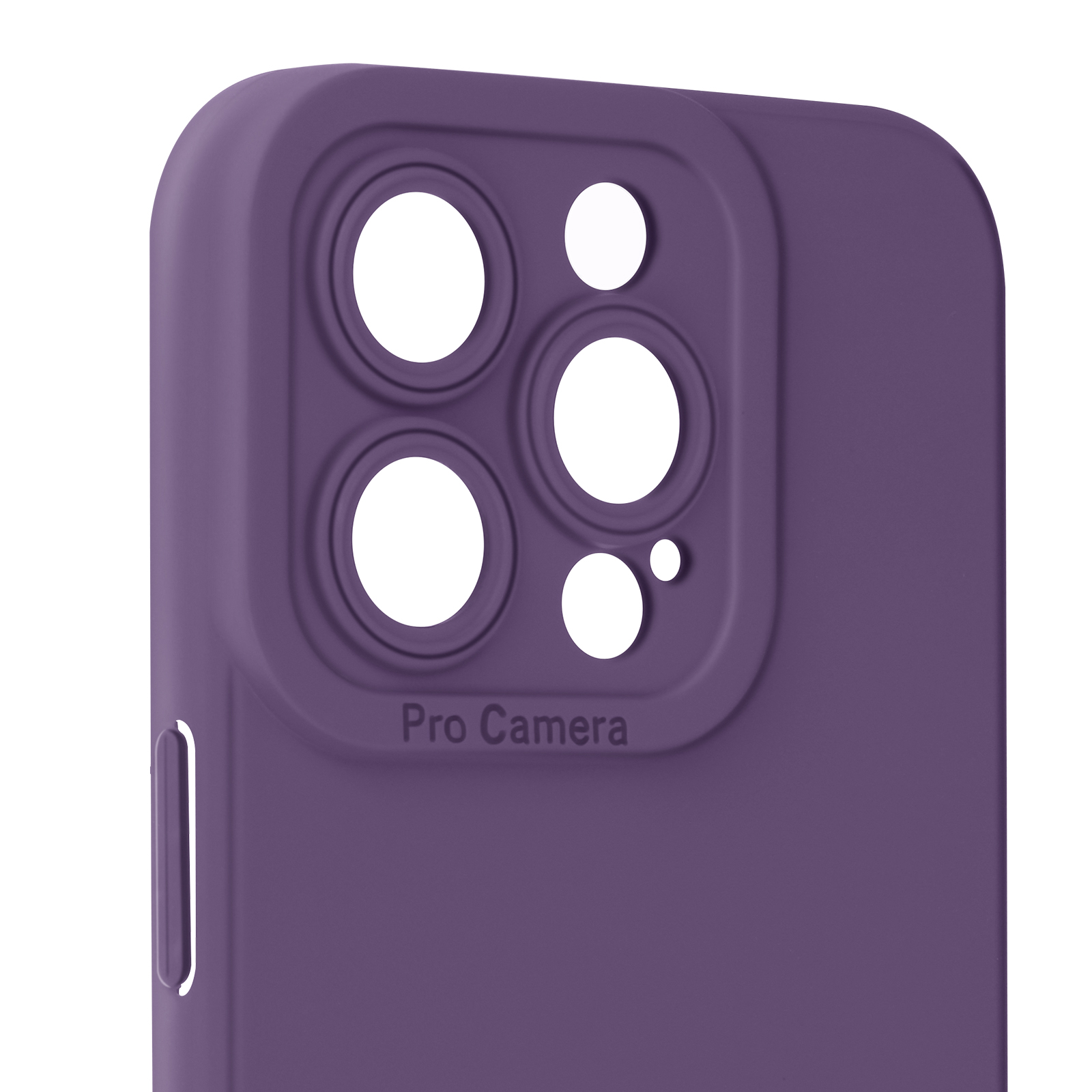 Primo piano di una custodia viola per telefono con un rilievo per la fotocamera con quattro aperture per lenti e la scritta 'Pro Camera'.