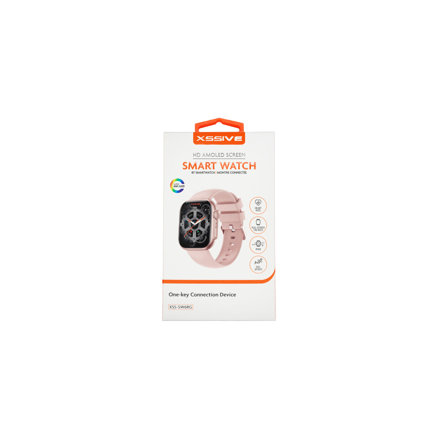 Rosa Smartwatch in einer Box mit Symbolen. Weißer Hintergrund.