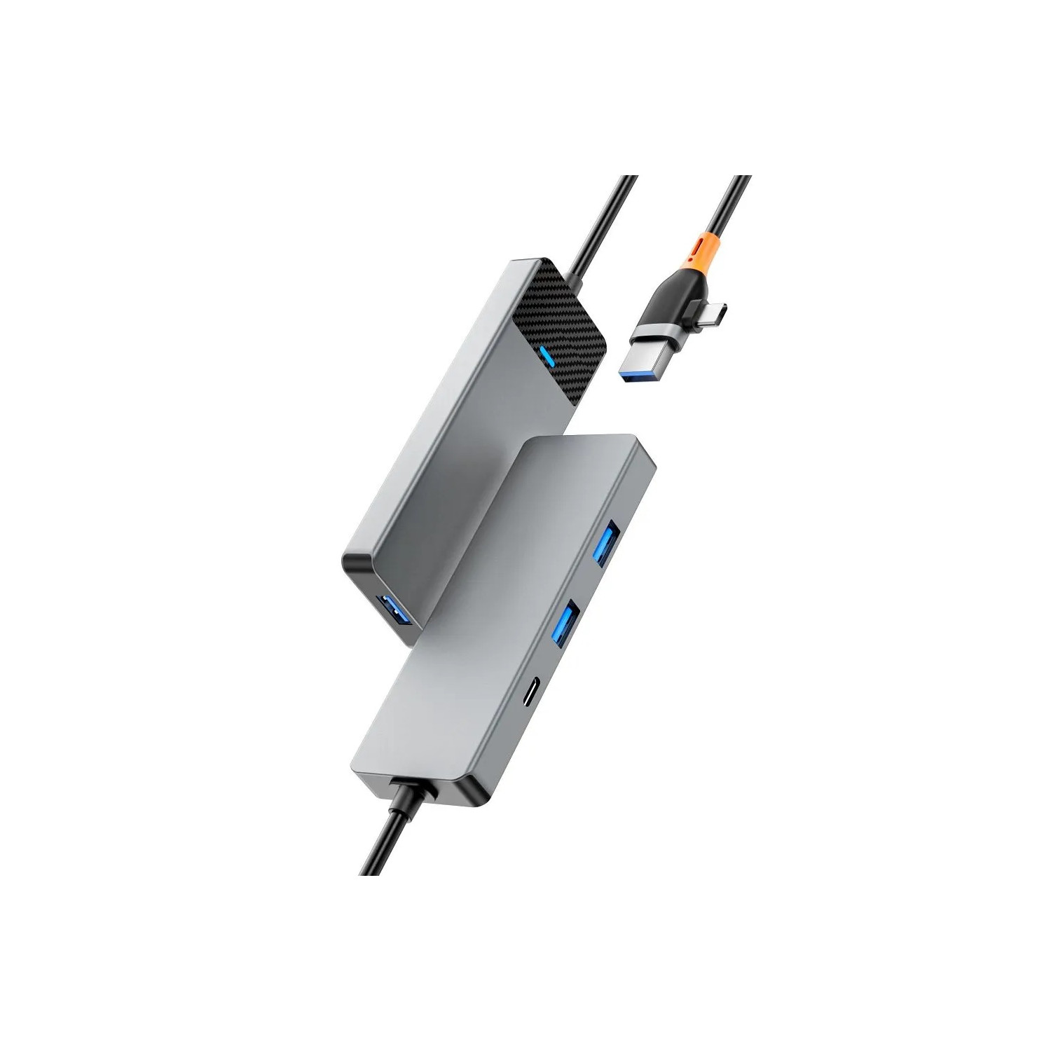 Ein silberner USB-Hub mit schwarzem Kabel und USB-C-Anschluss, auf weißem Hintergrund abgewinkelt.