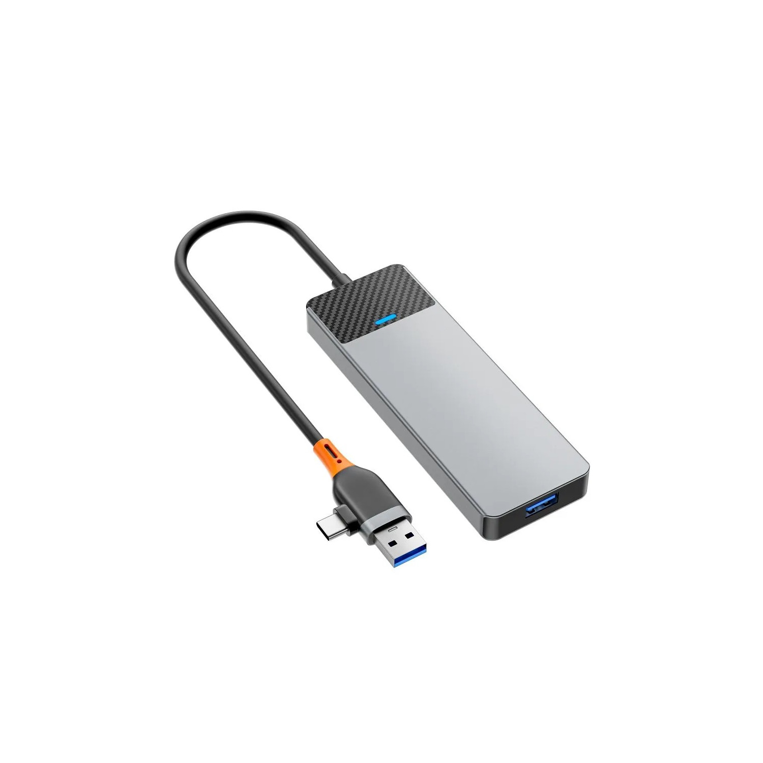 Ein silberner und grauer USB-Hub mit schwarzem Kabel und orangefarbenem Akzent.