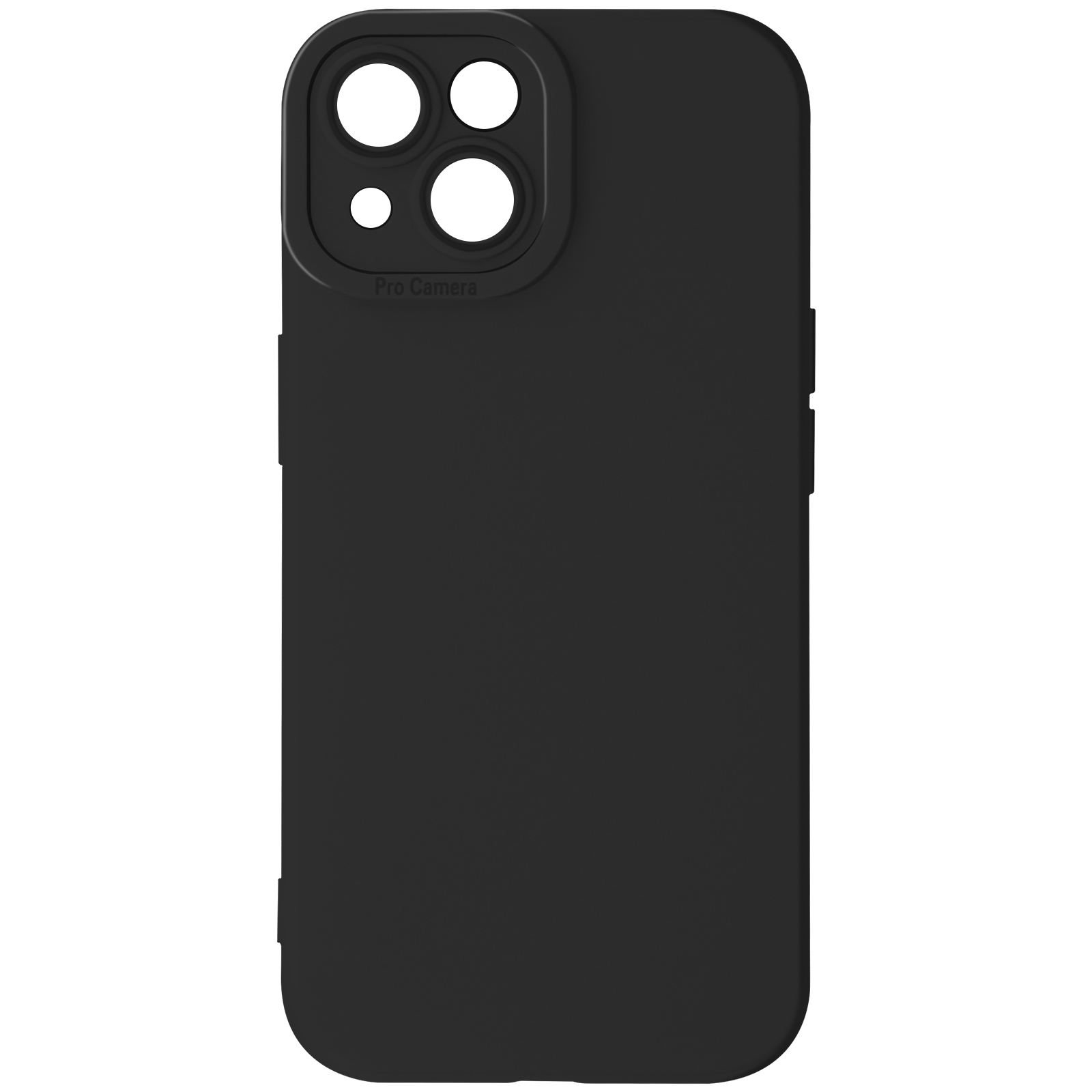 Funda negra para teléfono con tres orificios para cámara. La funda tiene una superficie lisa con botones laterales.