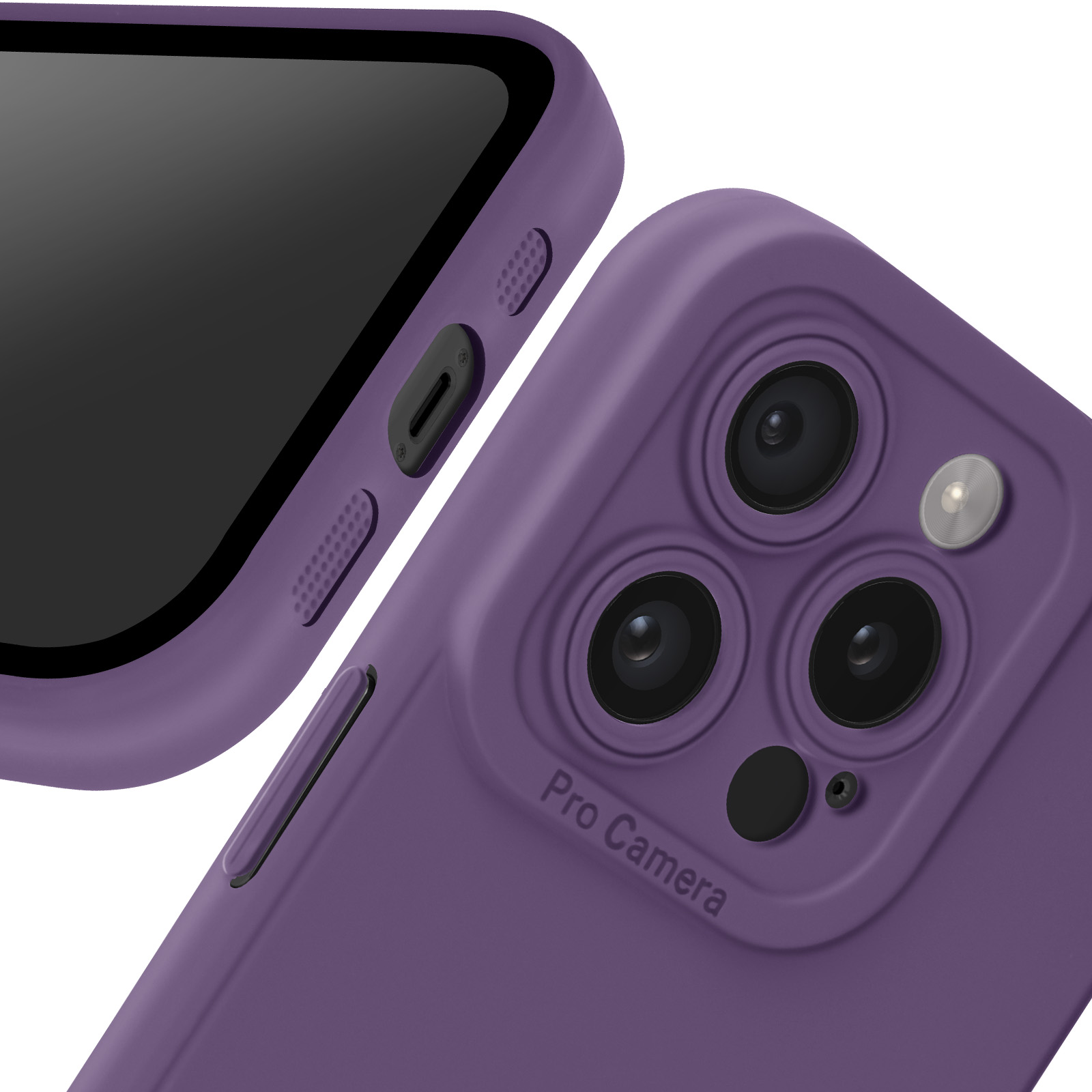 Custodia viola per telefono con tre lenti, un flash e pulsanti, vista ravvicinata.