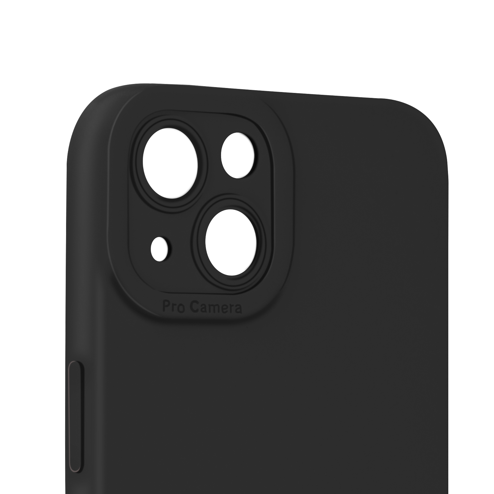Una funda de teléfono negra con recorte para triple cámara y texto 'Pro Camera'. El fondo es blanco.