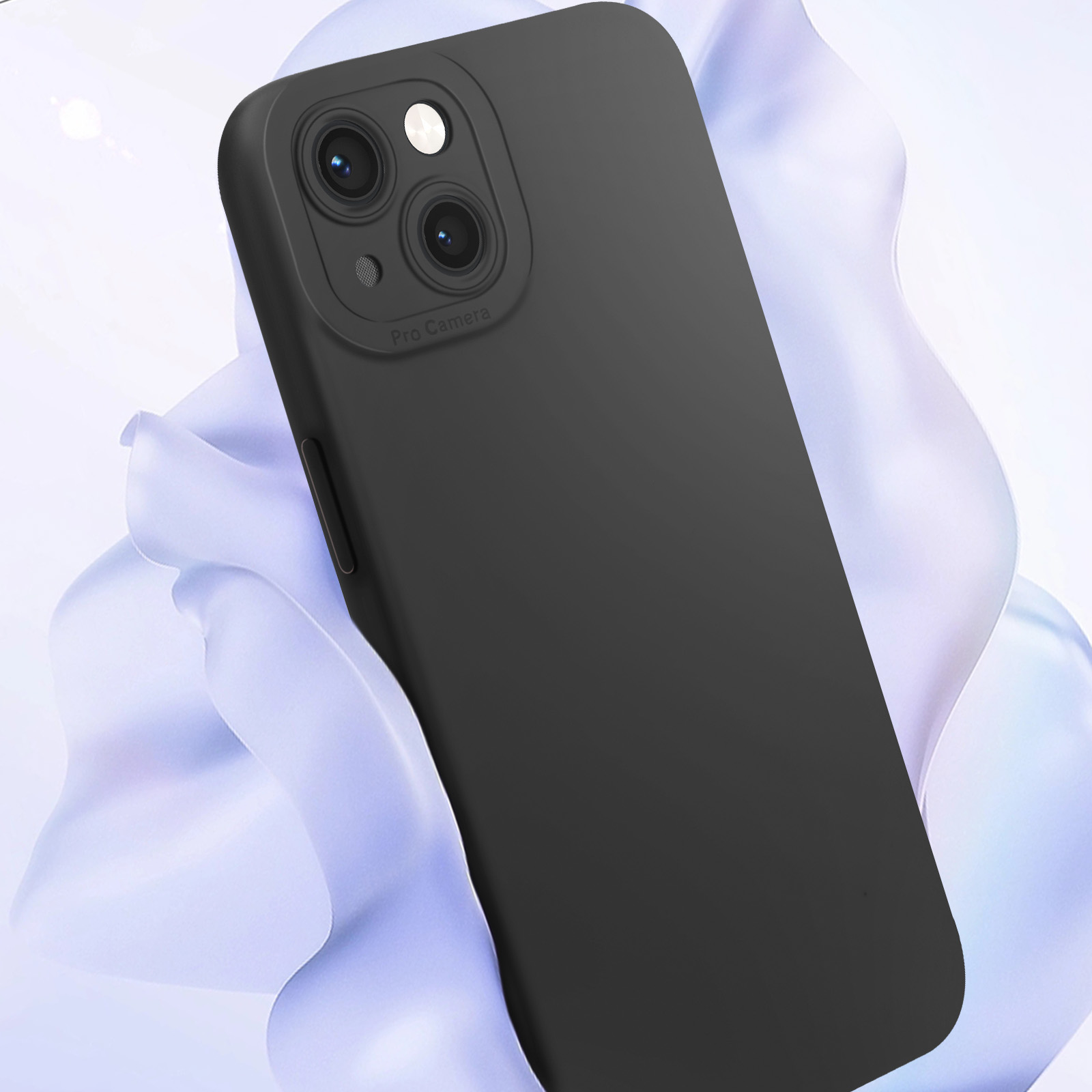 Funda negra para teléfono con lentes de cámara visibles. La funda tiene una etiqueta Pro Camera y una superficie lisa.