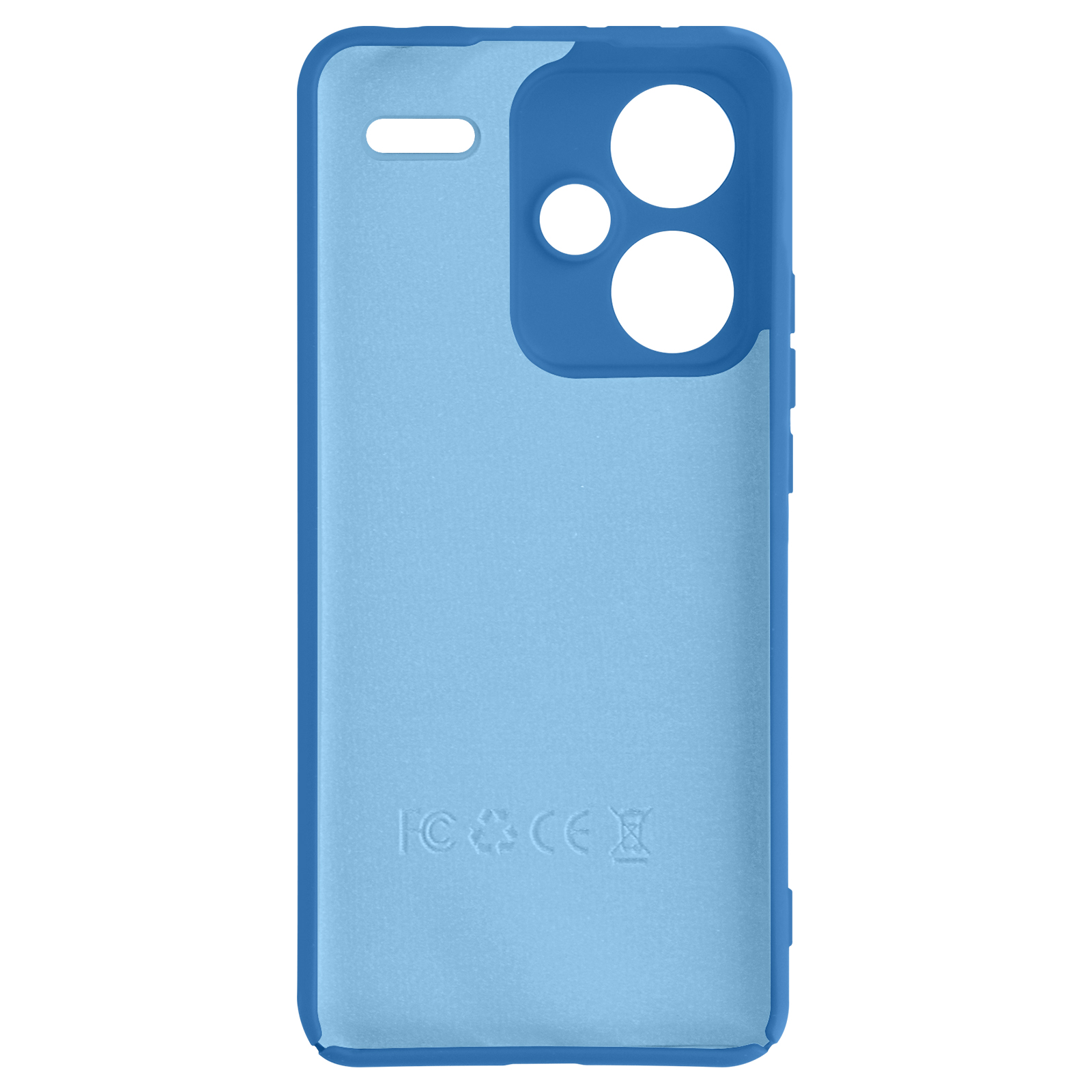 Il retro di una custodia per telefono azzurra, con fori per la fotocamera e logo.