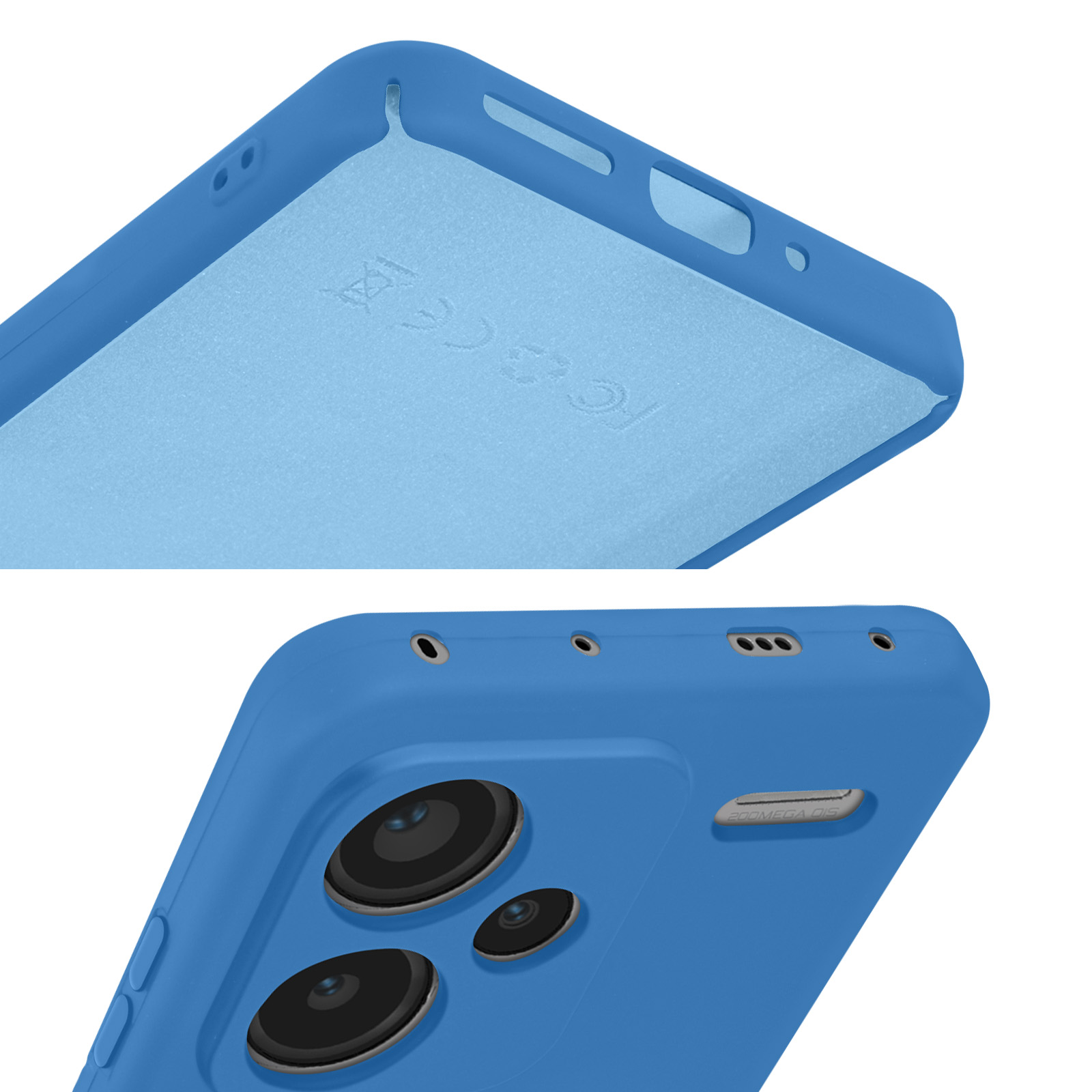 Primo piano di una custodia blu per telefono, che mostra ritagli della fotocamera e dettagli interni.
