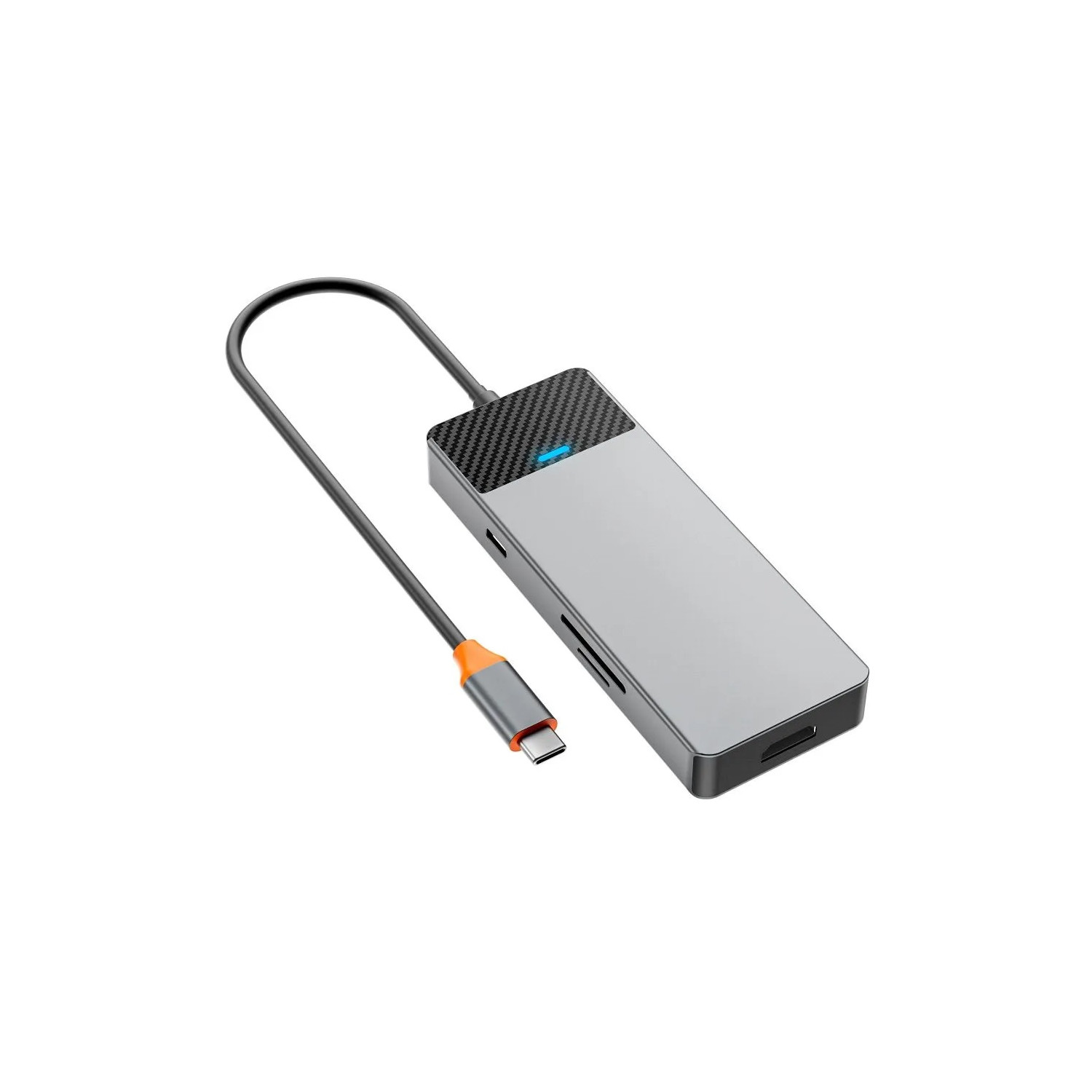 Rechteckiger silberner USB-Hub mit schwarzer Oberseite und orangefarbenem USB-C-Kabel.