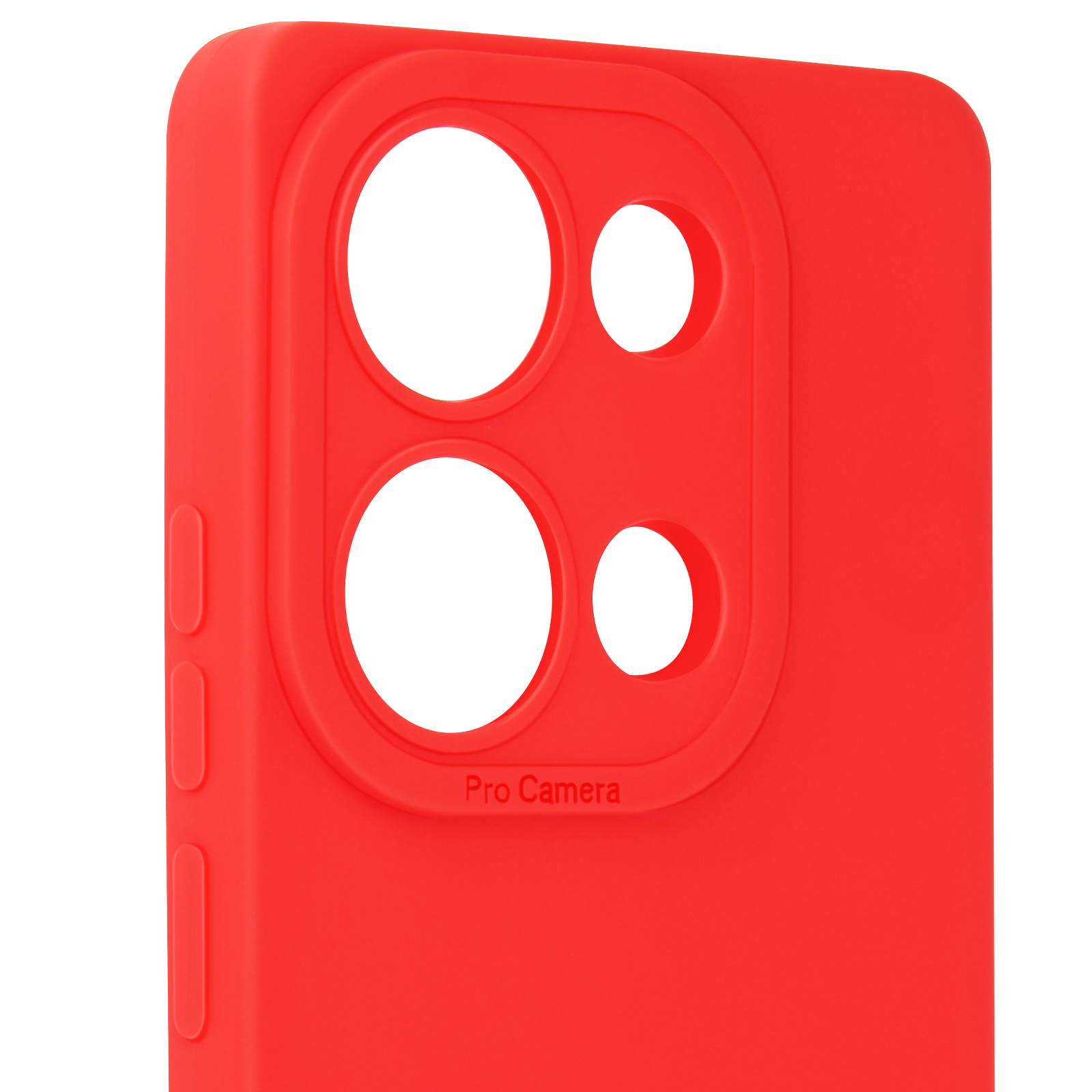 Custodia rossa per telefono con ritagli per fotocamera, vista ravvicinata.