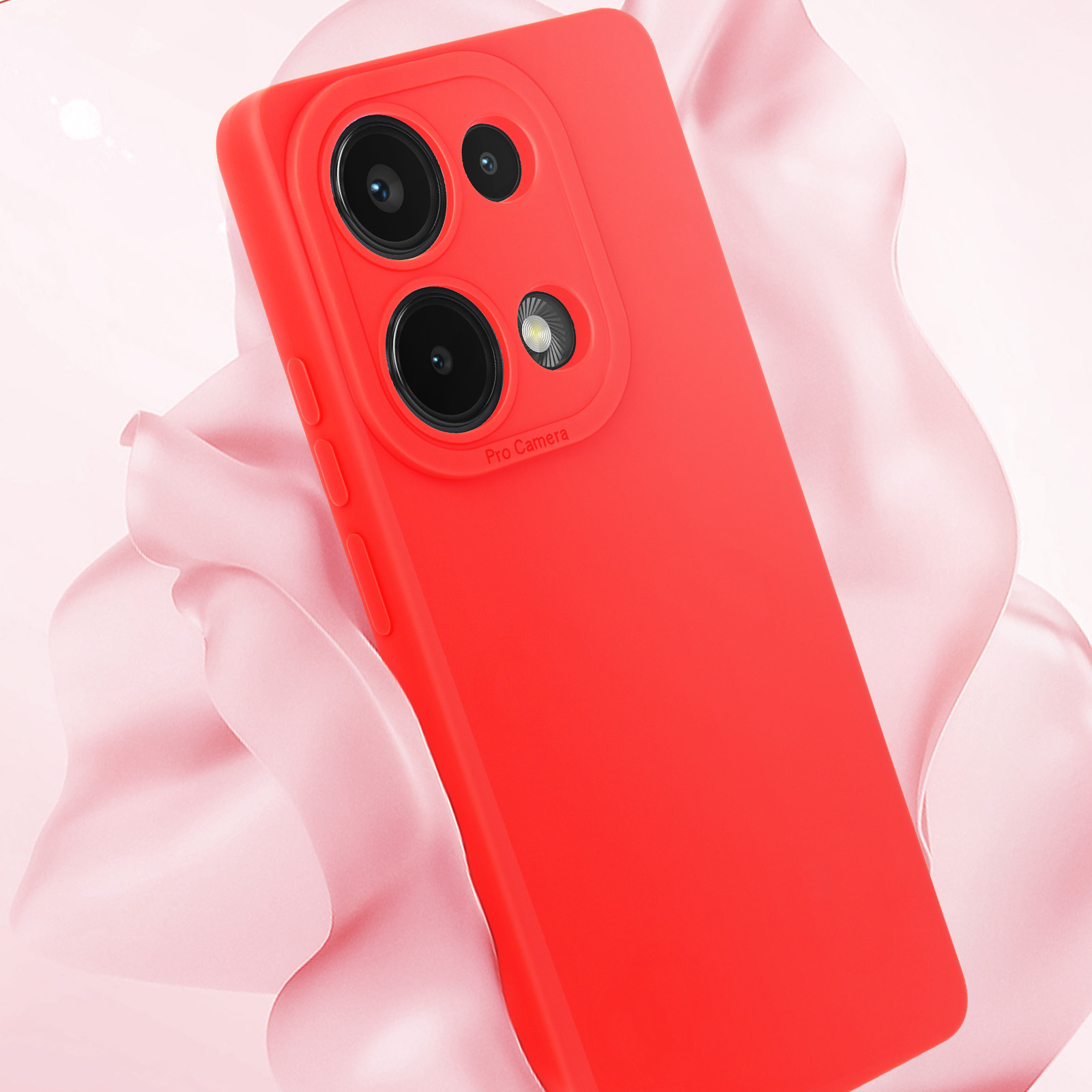 Custodia rossa per telefono con ritagli per fotocamera. La custodia ha una superficie liscia e un'etichetta Pro Camera.