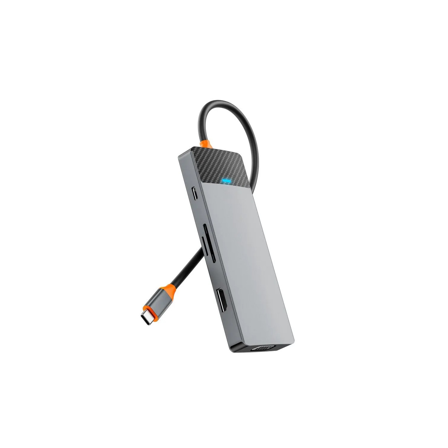 Grauer und schwarzer USB-C-Hub mit mehreren Anschlüssen und einem Kabel. Es ist auf weißem Hintergrund.