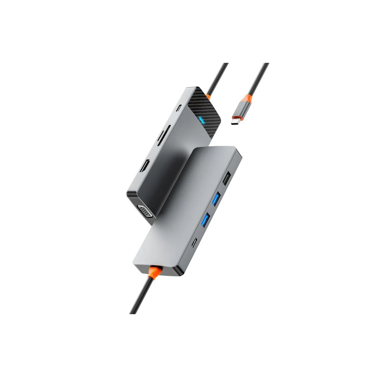 Silberner USB-Hub mit mehreren Anschlüssen und schwarzen Kabeln. Ein Kabel verbindet sich mit einem Laptop.