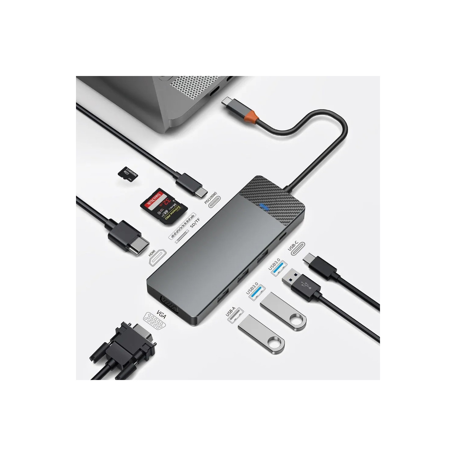 Ein grauer Hub mit verschiedenen Anschlüssen, die mit Kabeln, SD-Karte und USB-Laufwerken verbunden sind. Weißer Hintergrund.