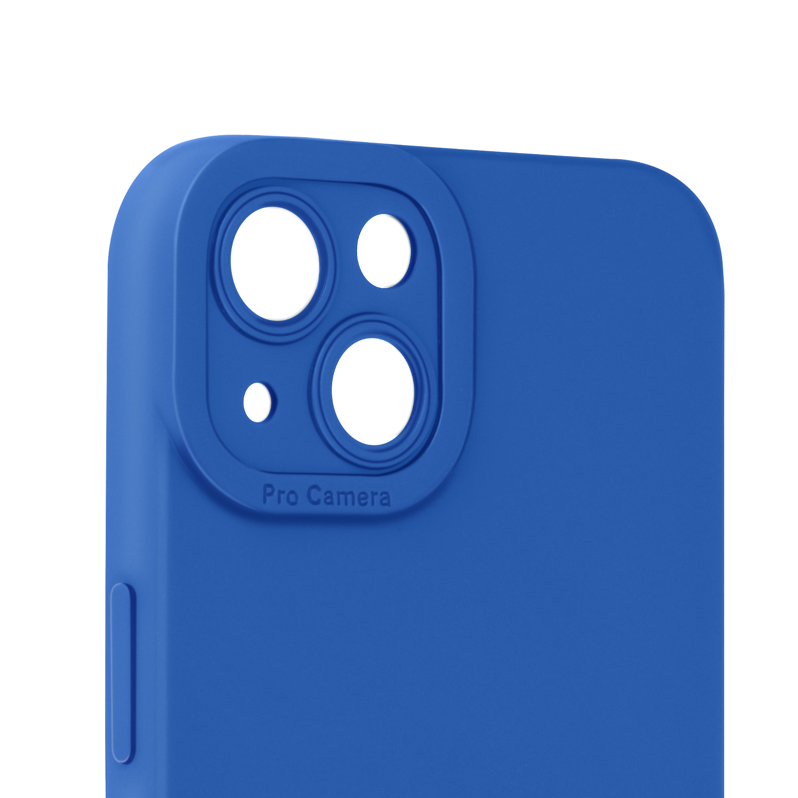 Primo piano di una custodia blu per telefono con tre fotocamere. Lo sfondo è un blu tenue.