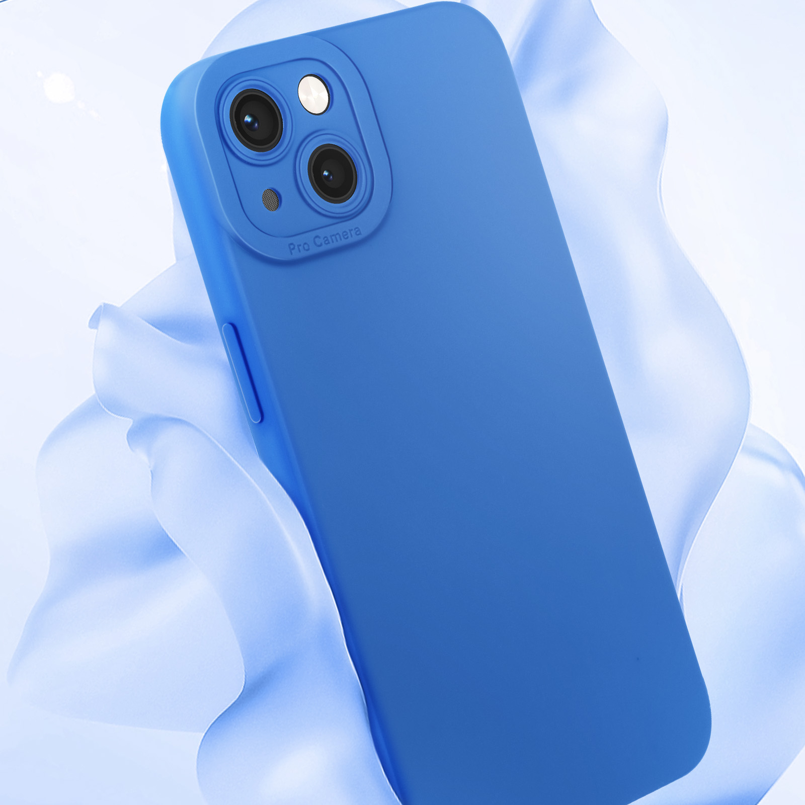 Custodia blu per telefono su uno sfondo con linee ondulate.