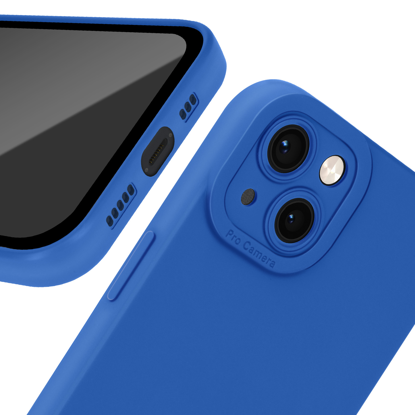 Custodia blu per telefono, con fori per la fotocamera. La custodia è su un telefono con schermo nero.