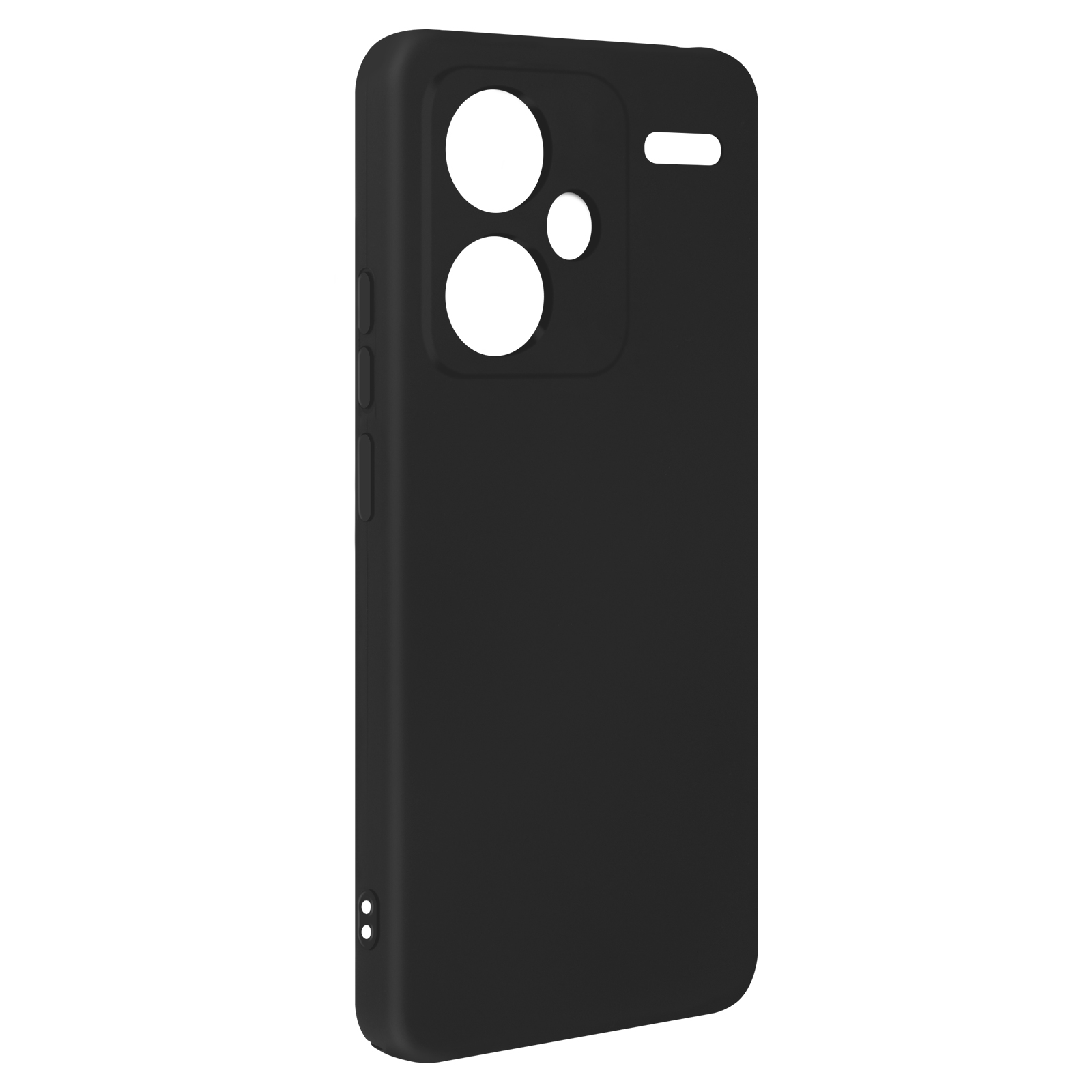 Custodia nera per telefono con fori per la fotocamera. Vista posteriore, su sfondo bianco.