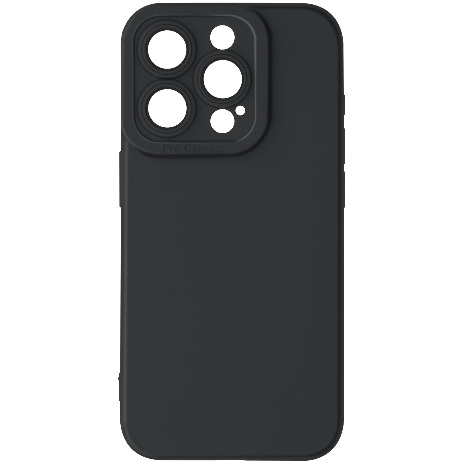 Custodia nera per telefono con fori per la fotocamera, su sfondo bianco. Superficie liscia.