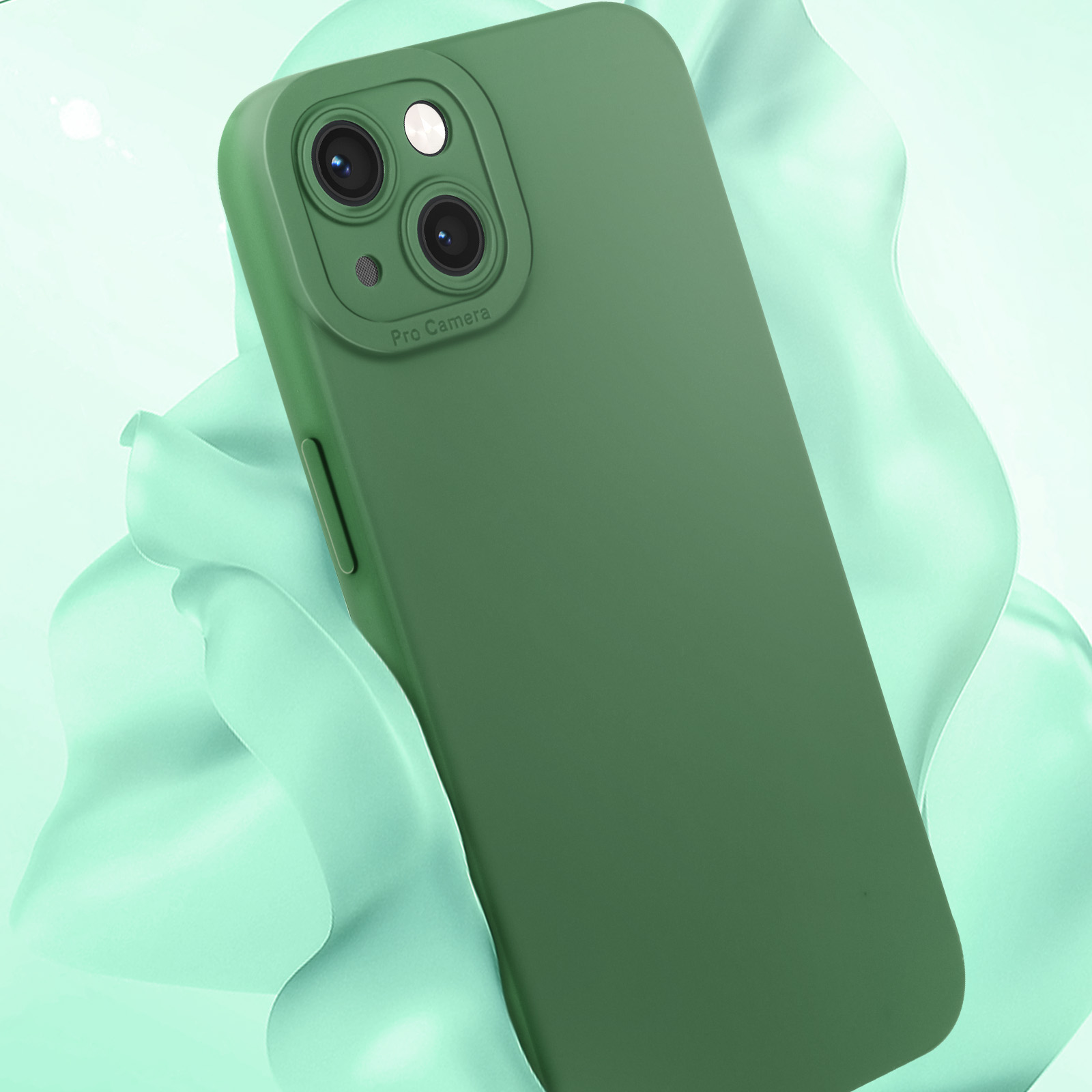 Custodia verde per telefono con due fotocamere e sfondo verde.