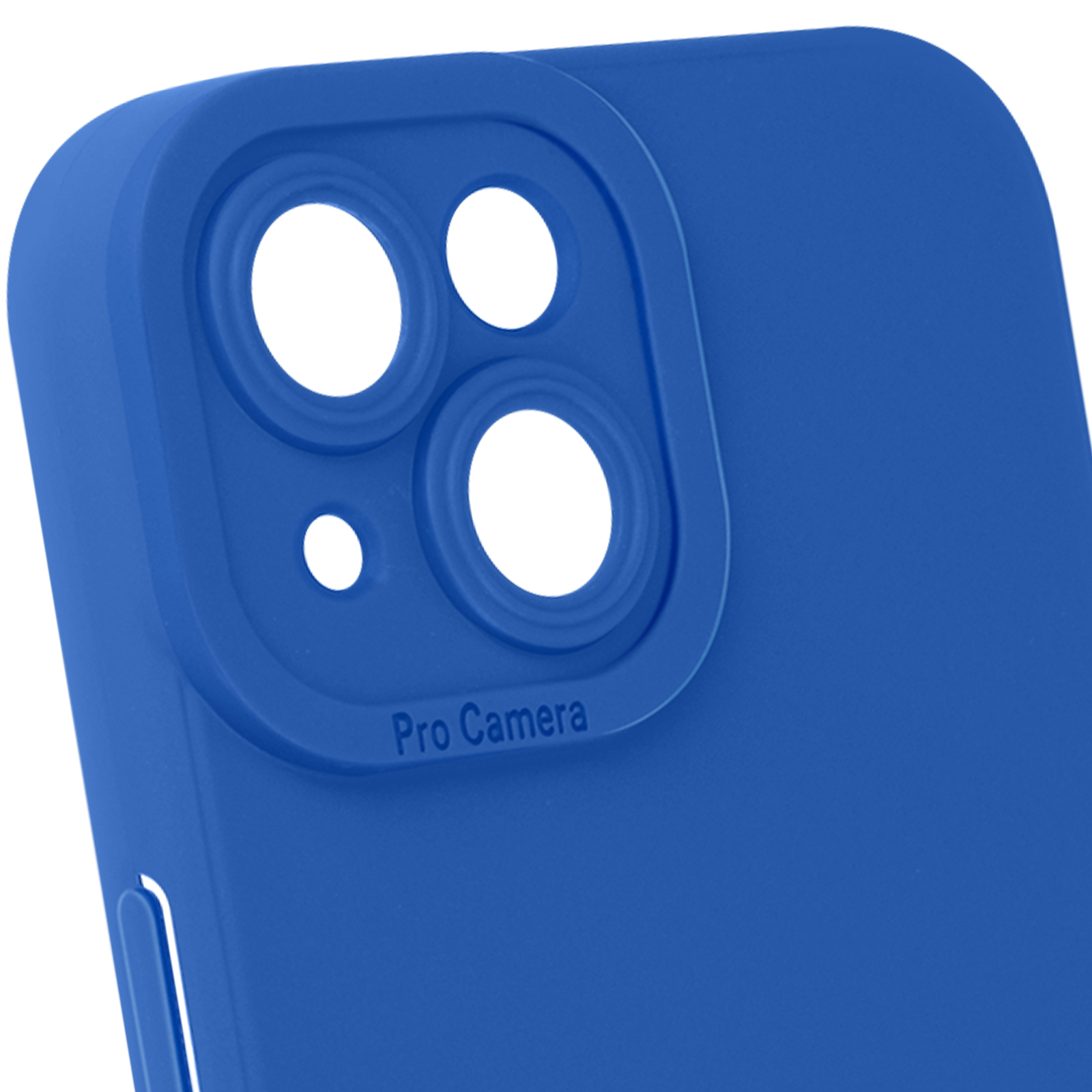 Custodia per telefono blu, sporgenza della fotocamera, testo Pro Camera.