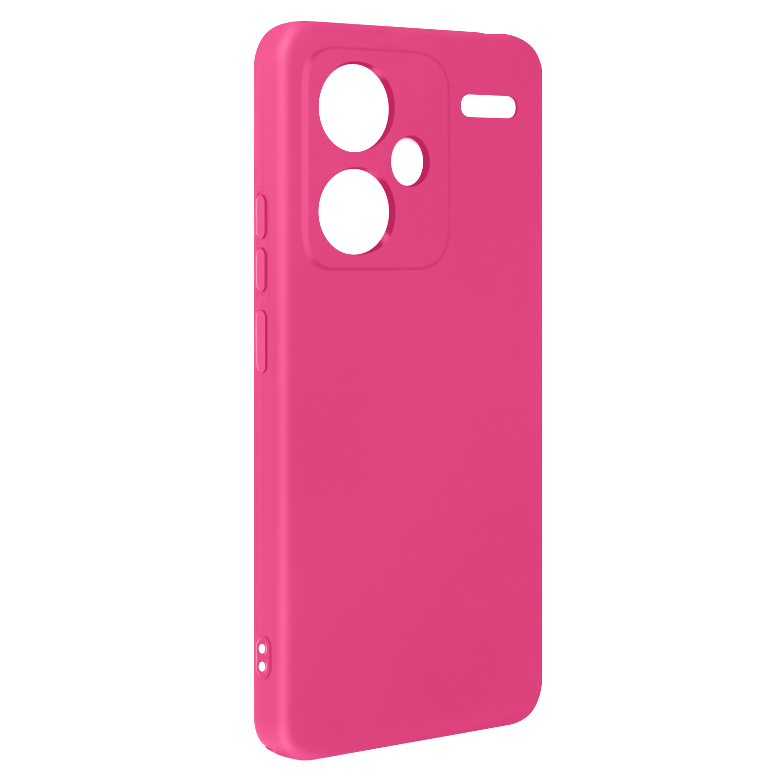 Custodia per telefono rosa con fori per fotocamera. È una custodia rettangolare.