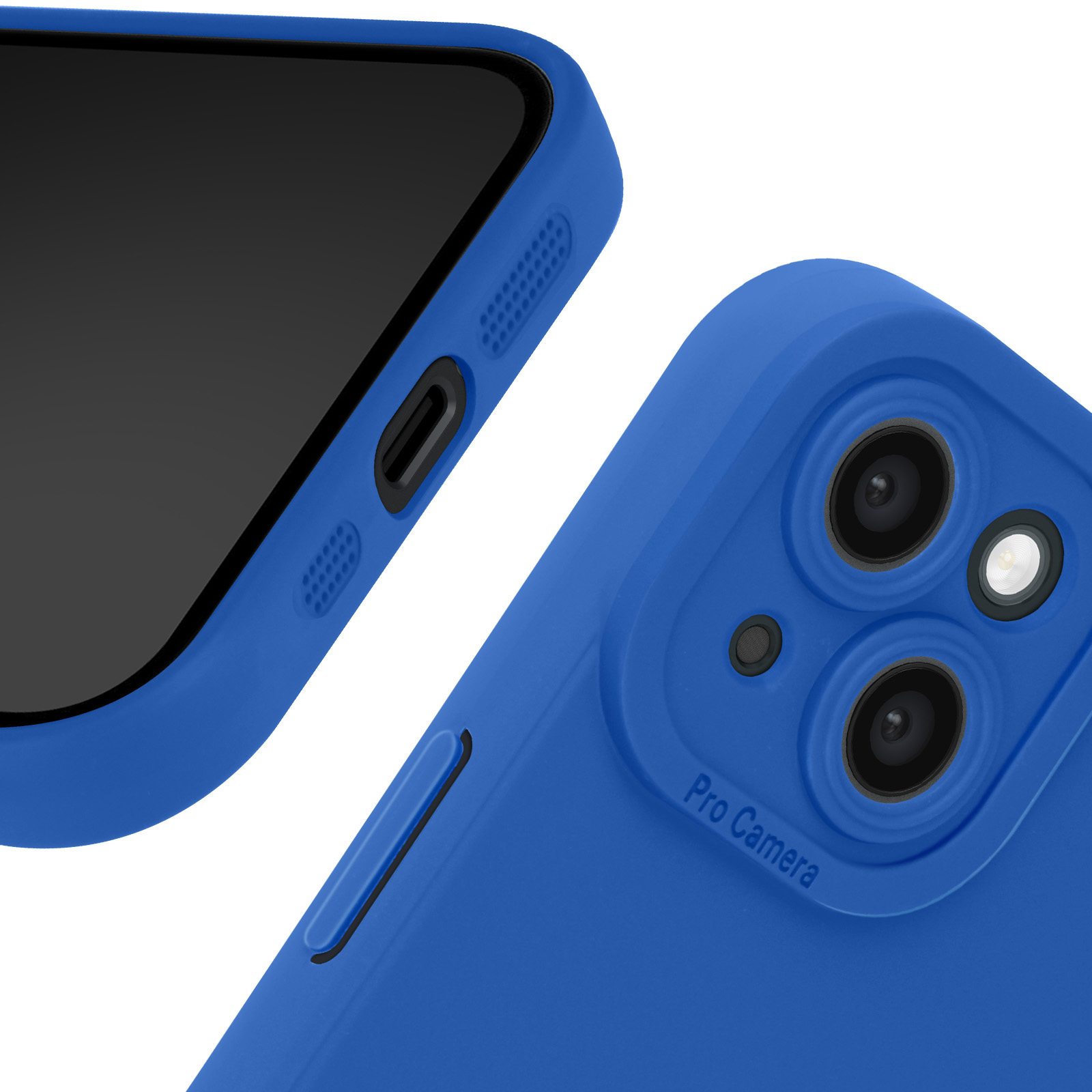 Primo piano di una custodia blu per telefono con un ritaglio per fotocamera professionale. La custodia ha uno schermo nero.