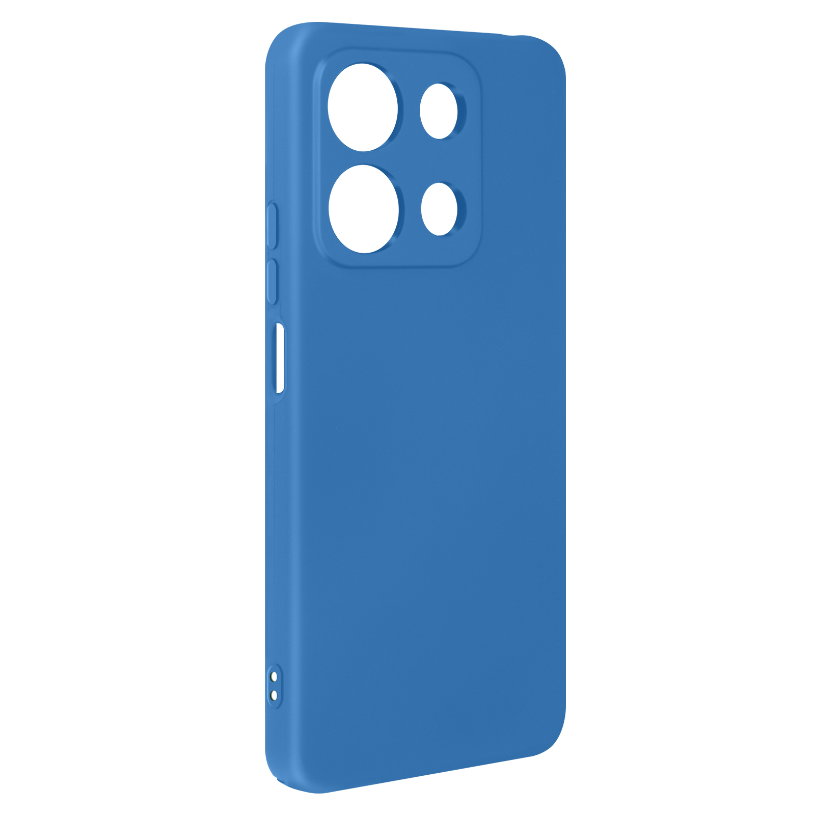 Custodia blu per telefono con fori per fotocamera e ritagli per i pulsanti, su sfondo bianco.