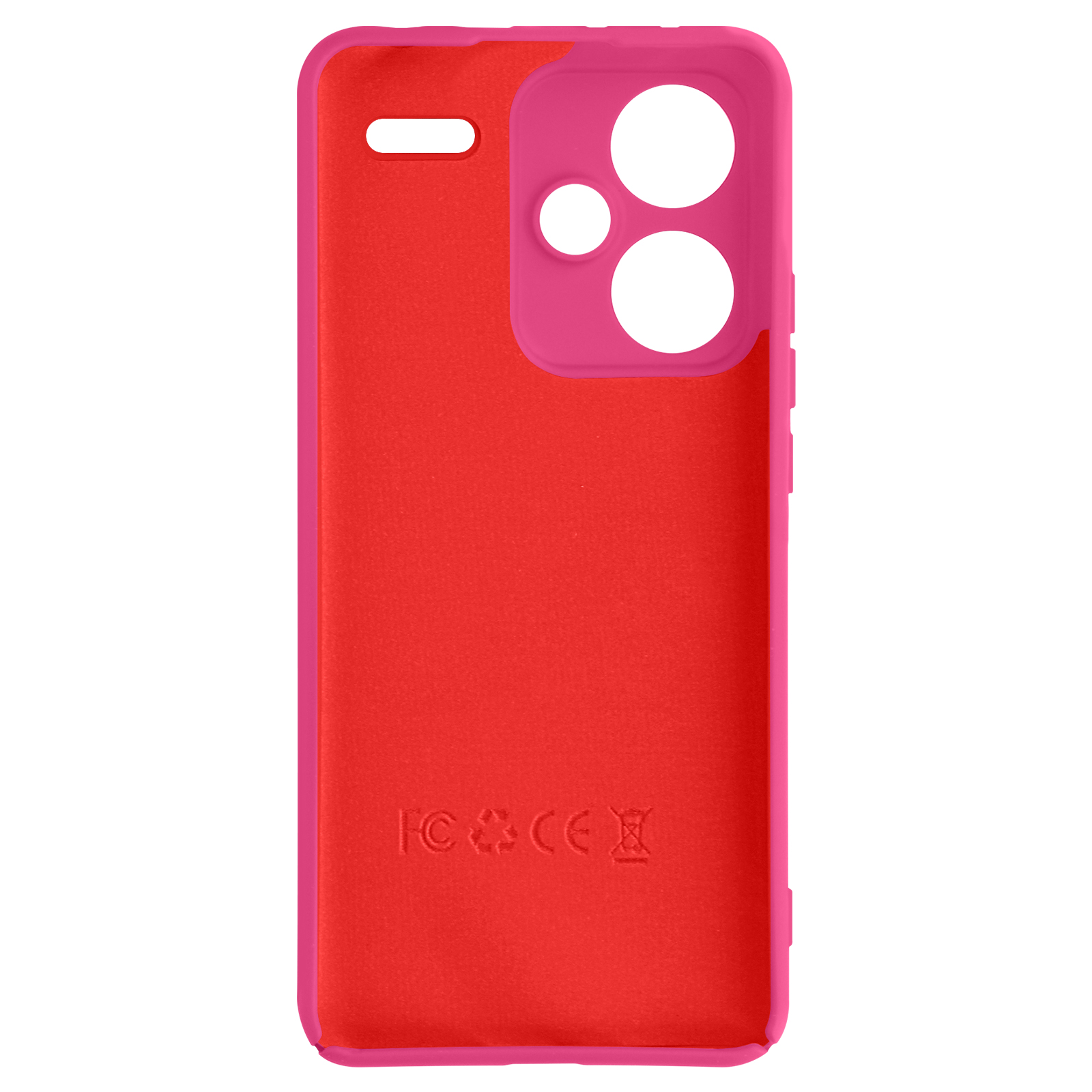 Interno di una custodia rosa e rossa, con fori per fotocamera e marchi CE.