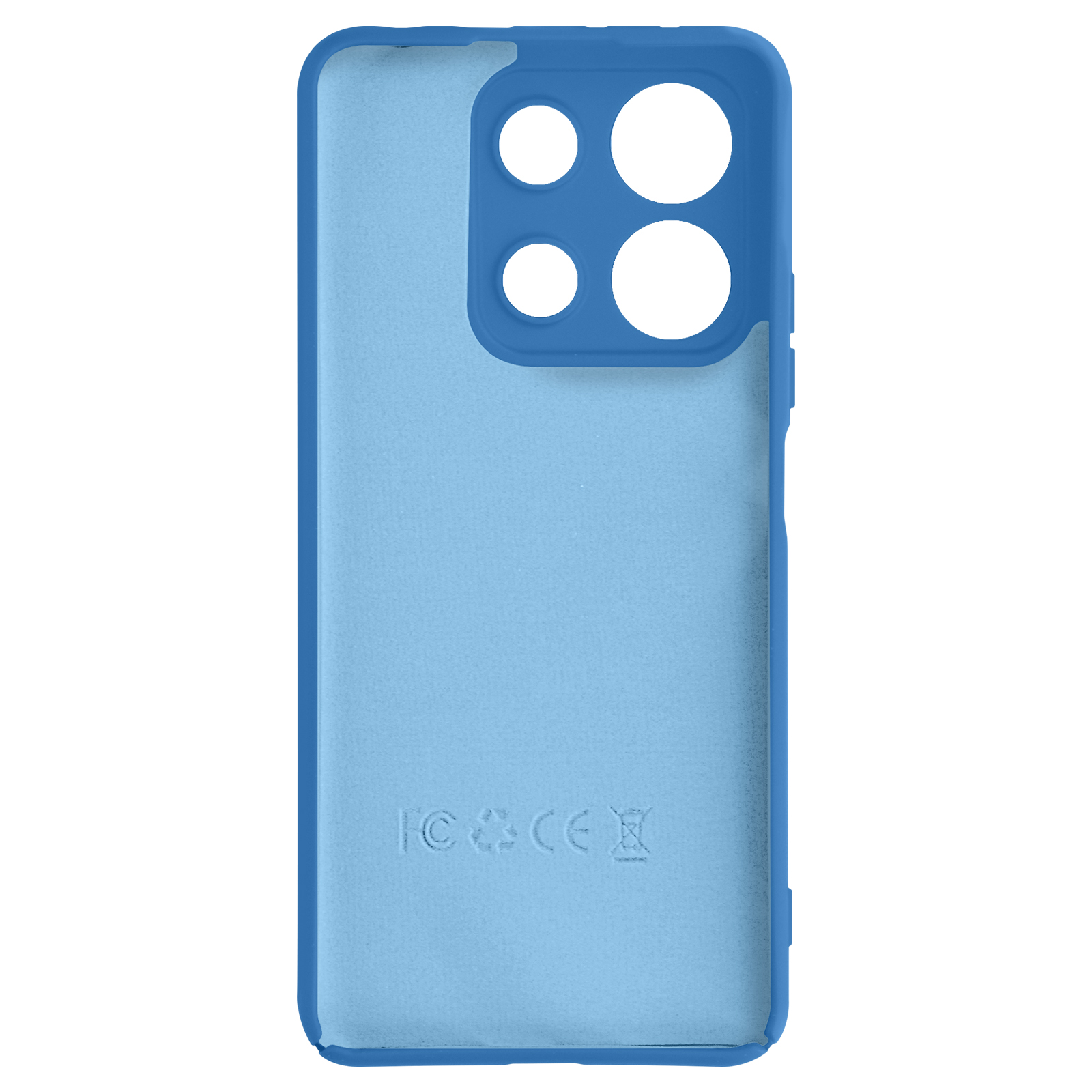 Custodia per telefono azzurra con ritagli per la fotocamera. L'interno è azzurro.