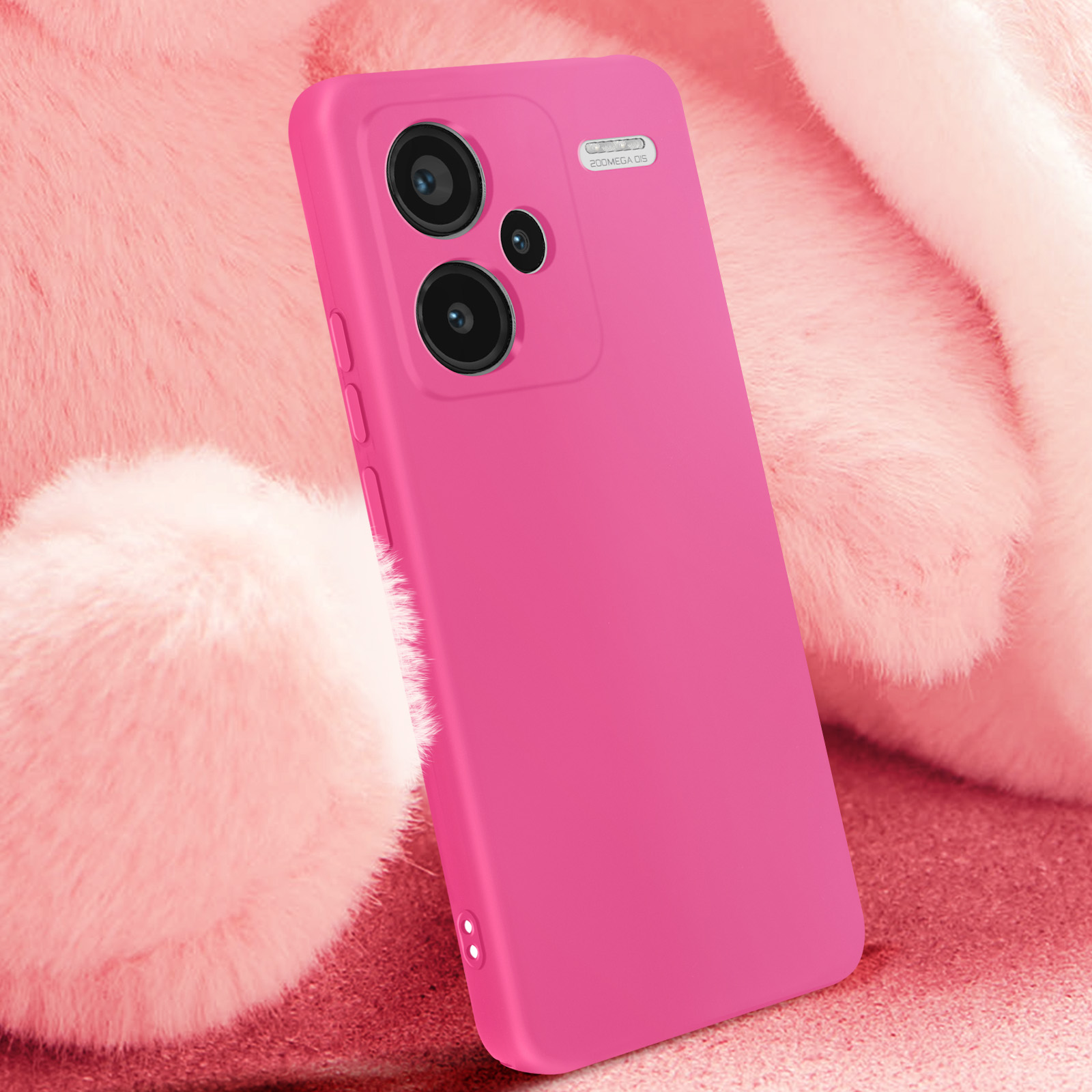 Custodia rosa per telefono con configurazione a doppia fotocamera. Il telefono è posizionato su uno sfondo rosa morbido e sfocato.