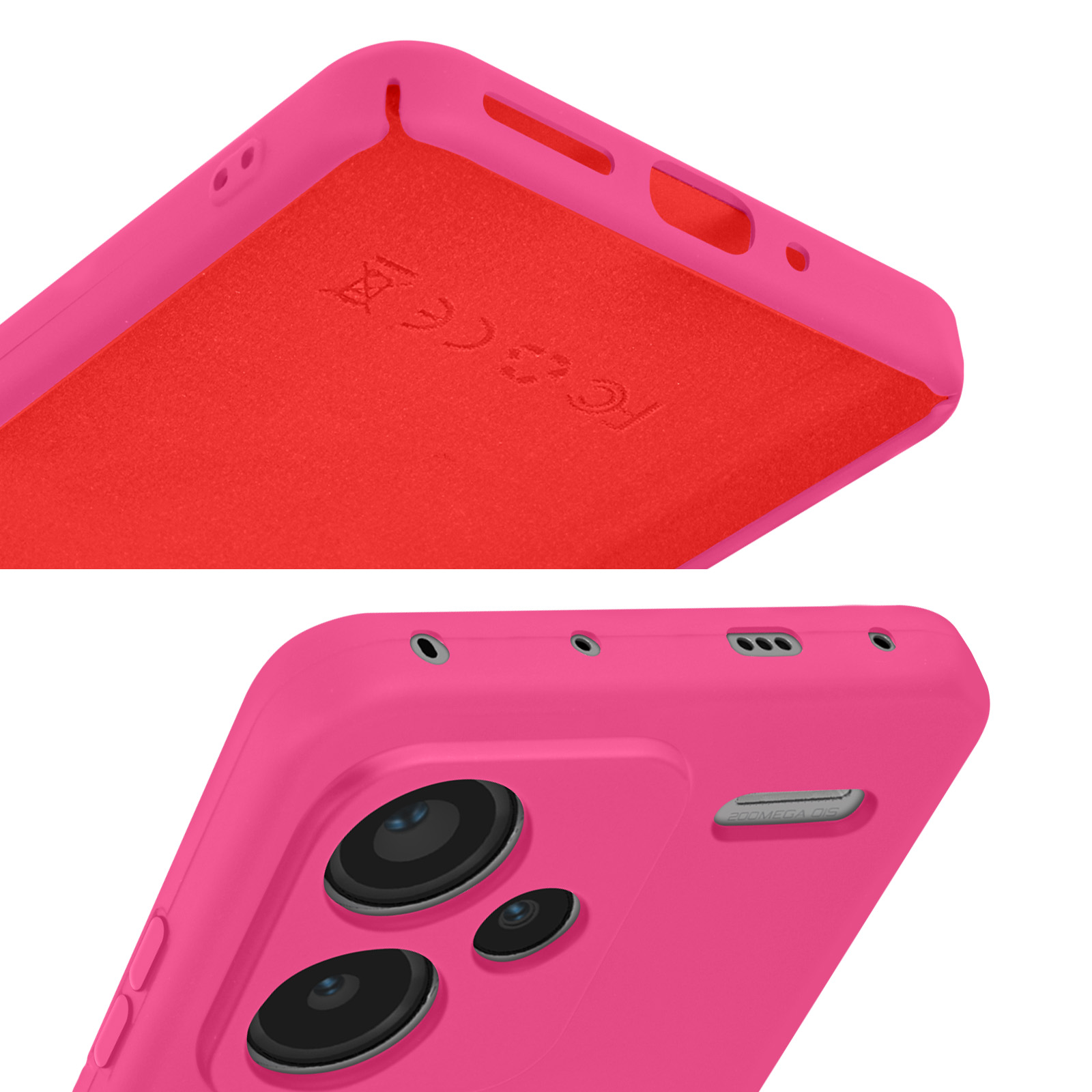 Due immagini: Una custodia rosa per telefono, l'interno rosso e i fori della fotocamera.