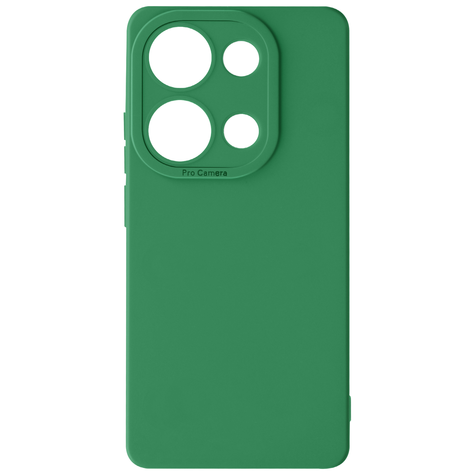 Custodia verde per telefono con fori per la fotocamera. Pro Camera stampato. Vista posteriore.