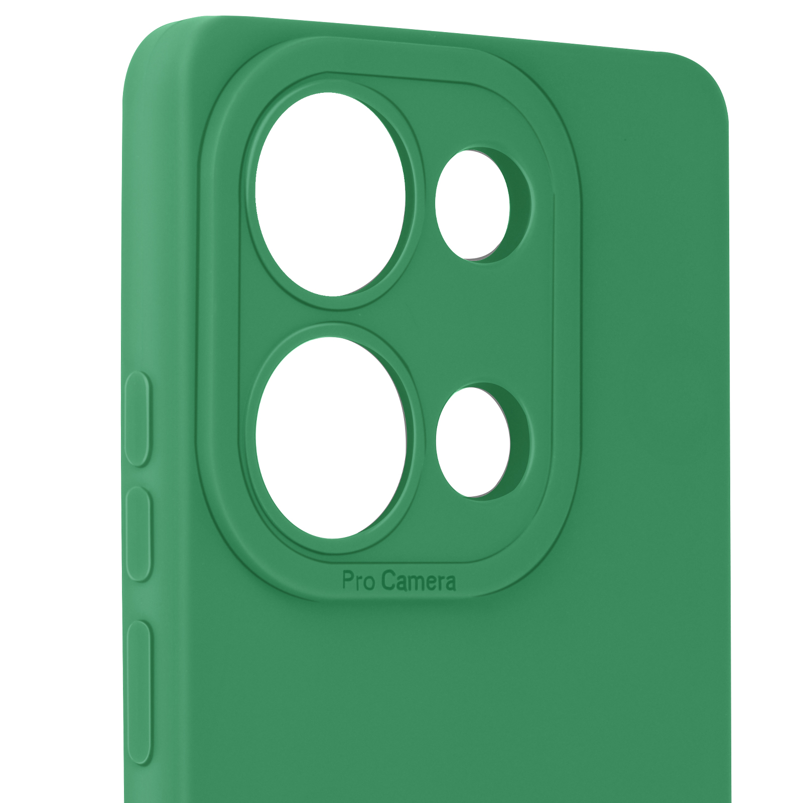 Custodia verde per telefono con fori per fotocamera e testo Pro Camera, vista ravvicinata.