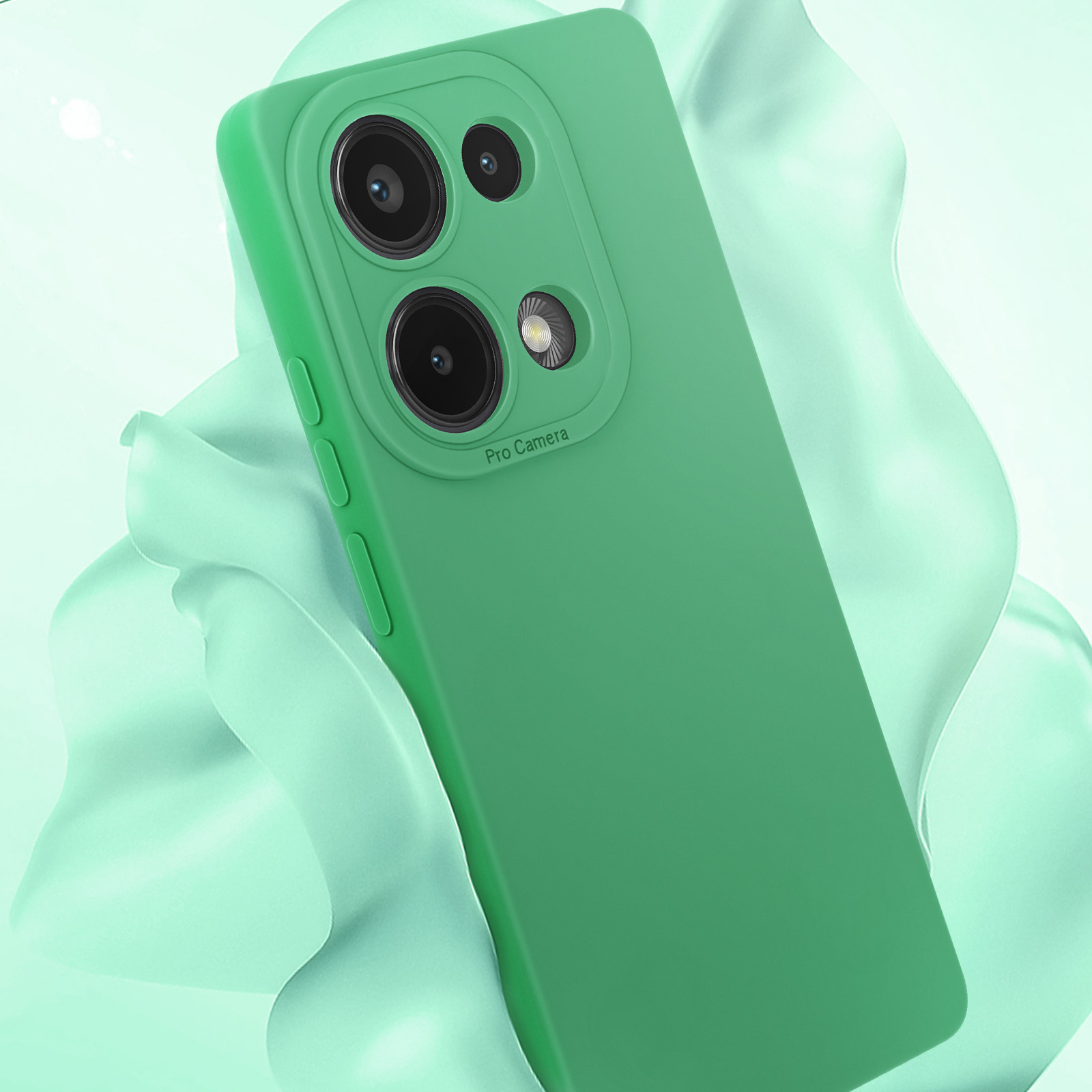 Custodia verde per telefono con tre fotocamere posteriori e lente centrale. Sfondo verde a spirale.