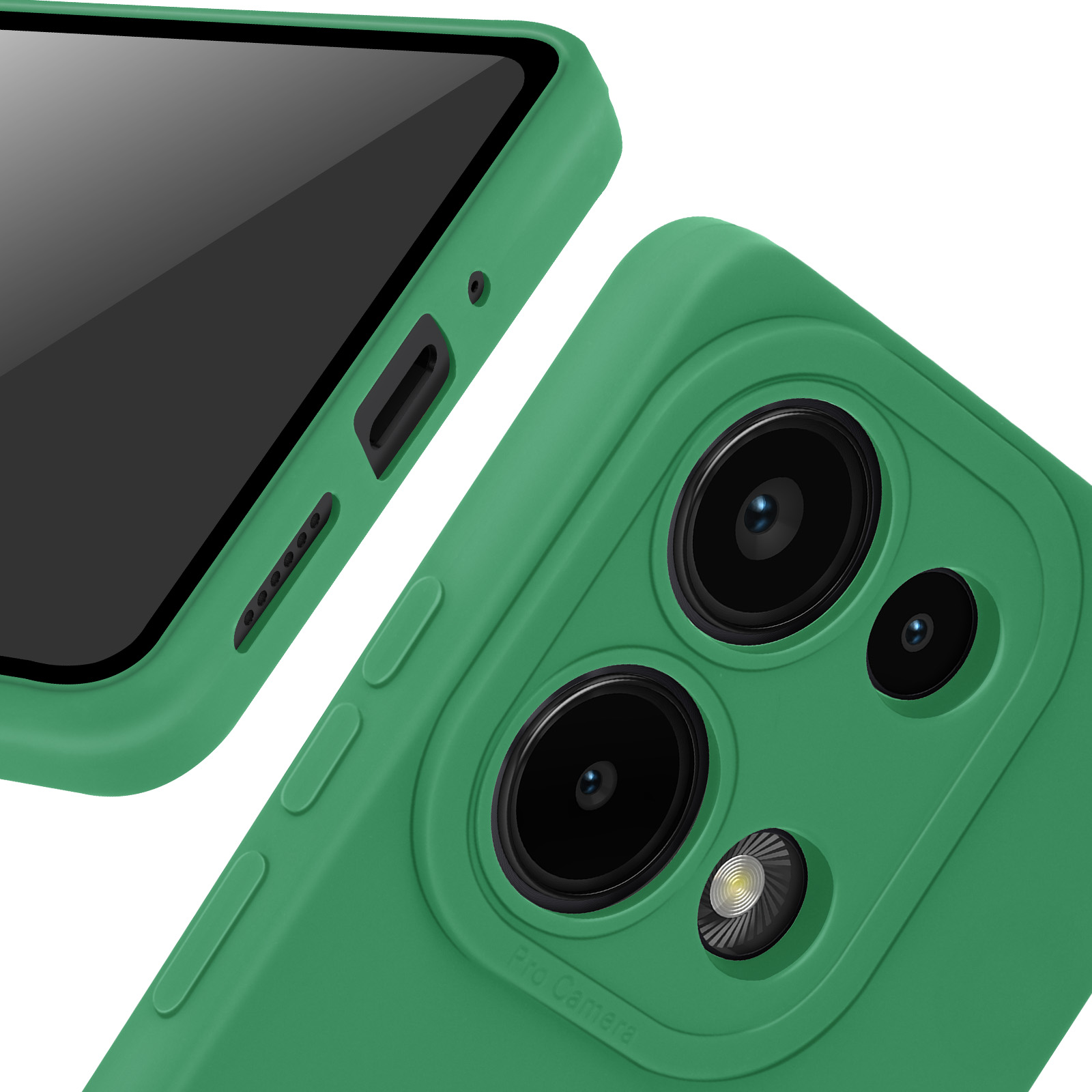 Un primo piano di un telefono e di una custodia verdi. Il telefono ha 3 lenti della fotocamera.