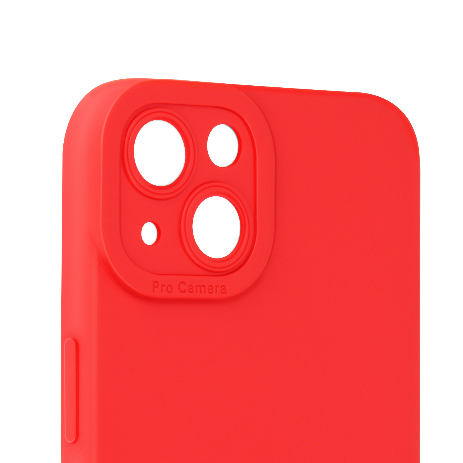 Una custodia per telefono rossa con ritagli per la fotocamera. L'area della fotocamera ha tre cerchi.