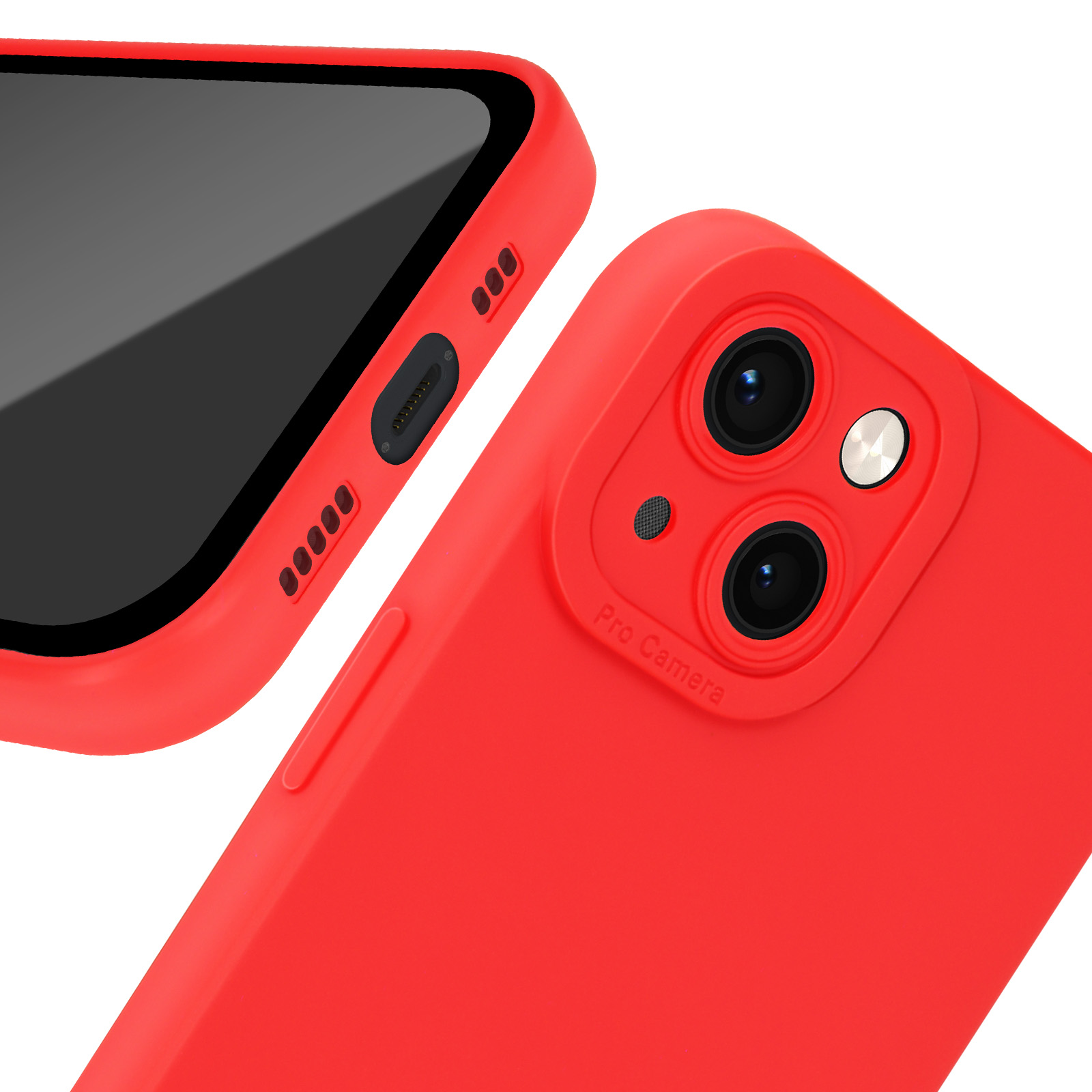 Una custodia per telefono rossa con protezione della fotocamera su sfondo bianco. Custodia con schermo nero.