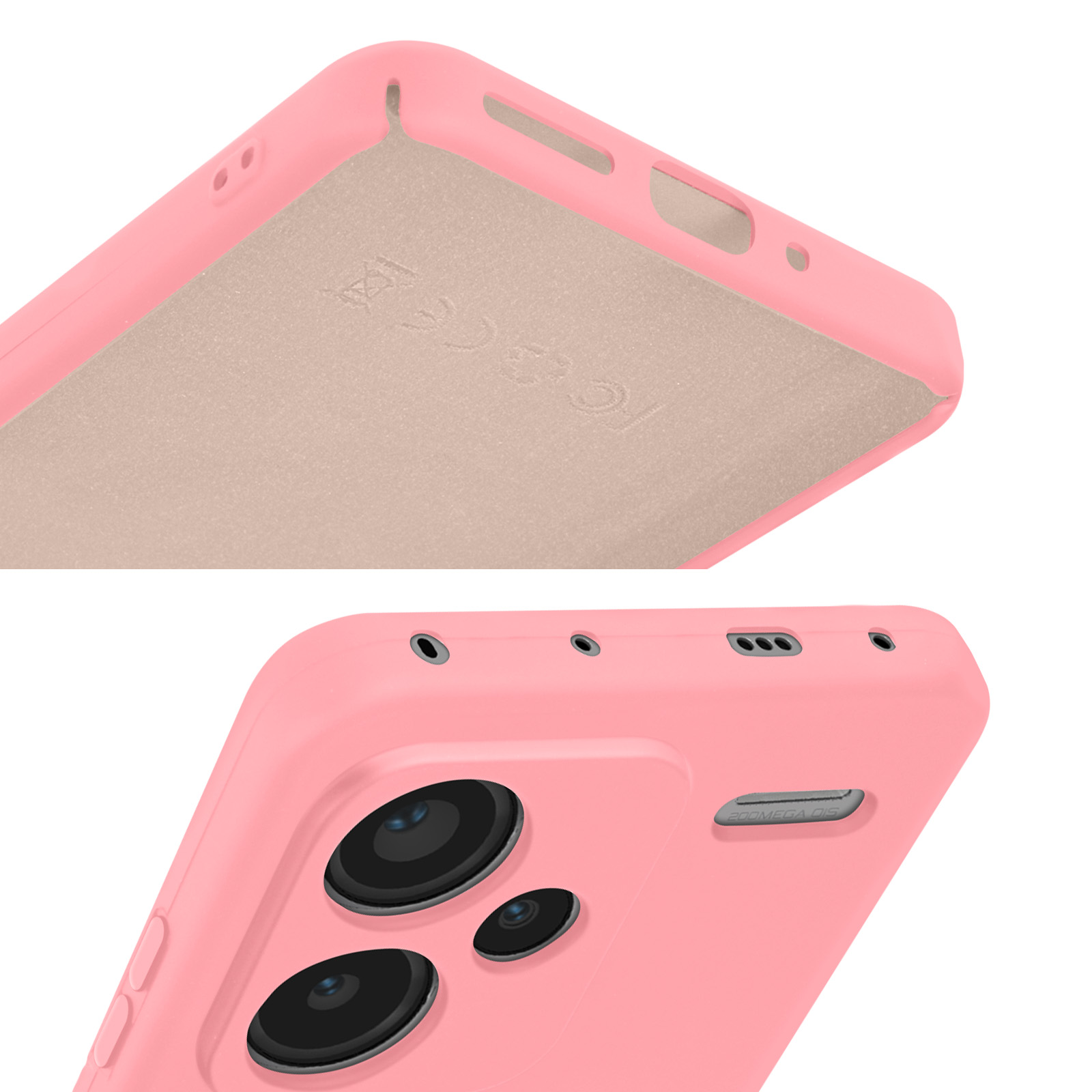 Funda de teléfono rosa con recortes para la cámara. El interior es beige.