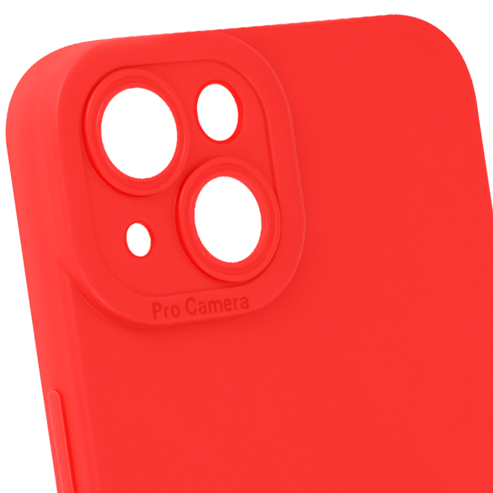 Custodia rossa per telefono con tre obiettivi della fotocamera e un piccolo flash.