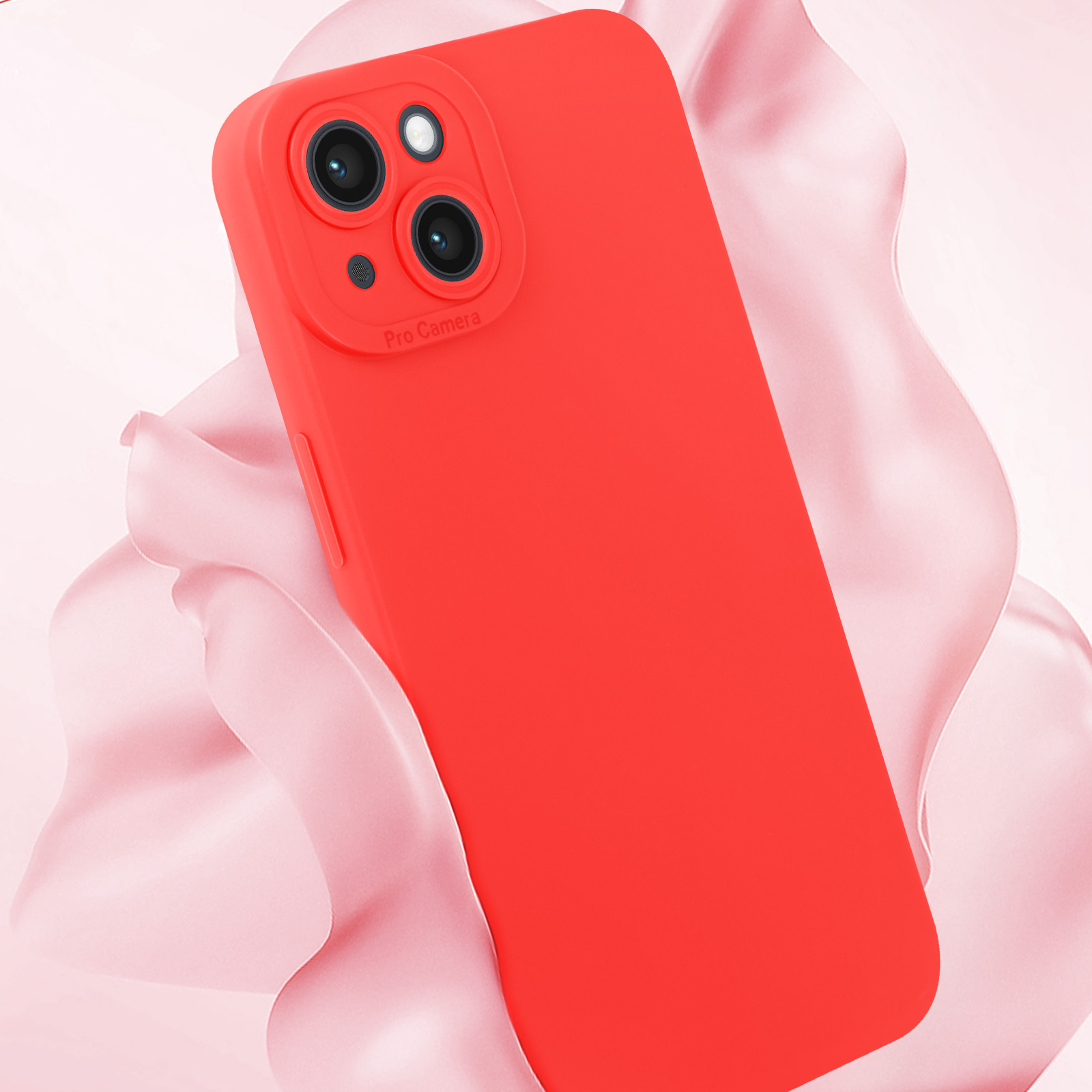 Custodia rossa per telefono con ritagli per fotocamera, su sfondo rosa sfocato.